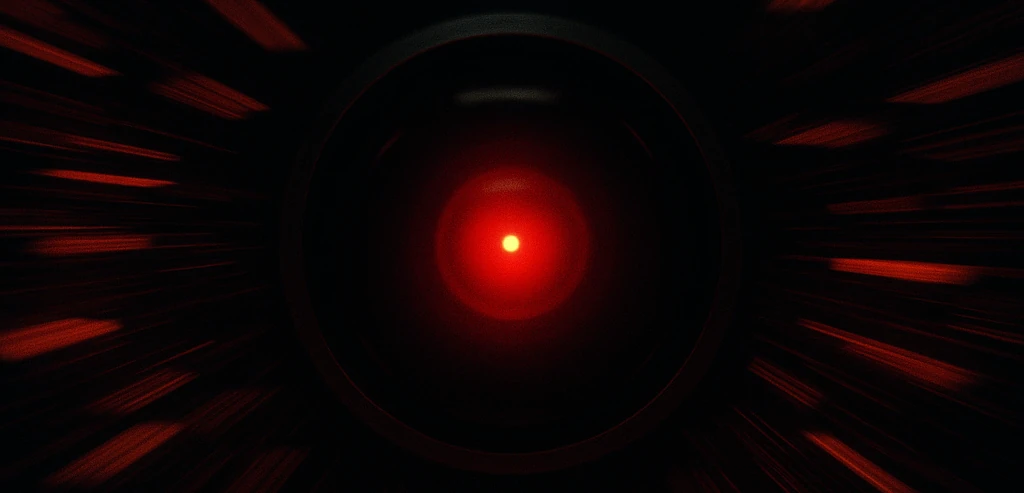 HAL 9000-inspired AI eye glowing red in darkness