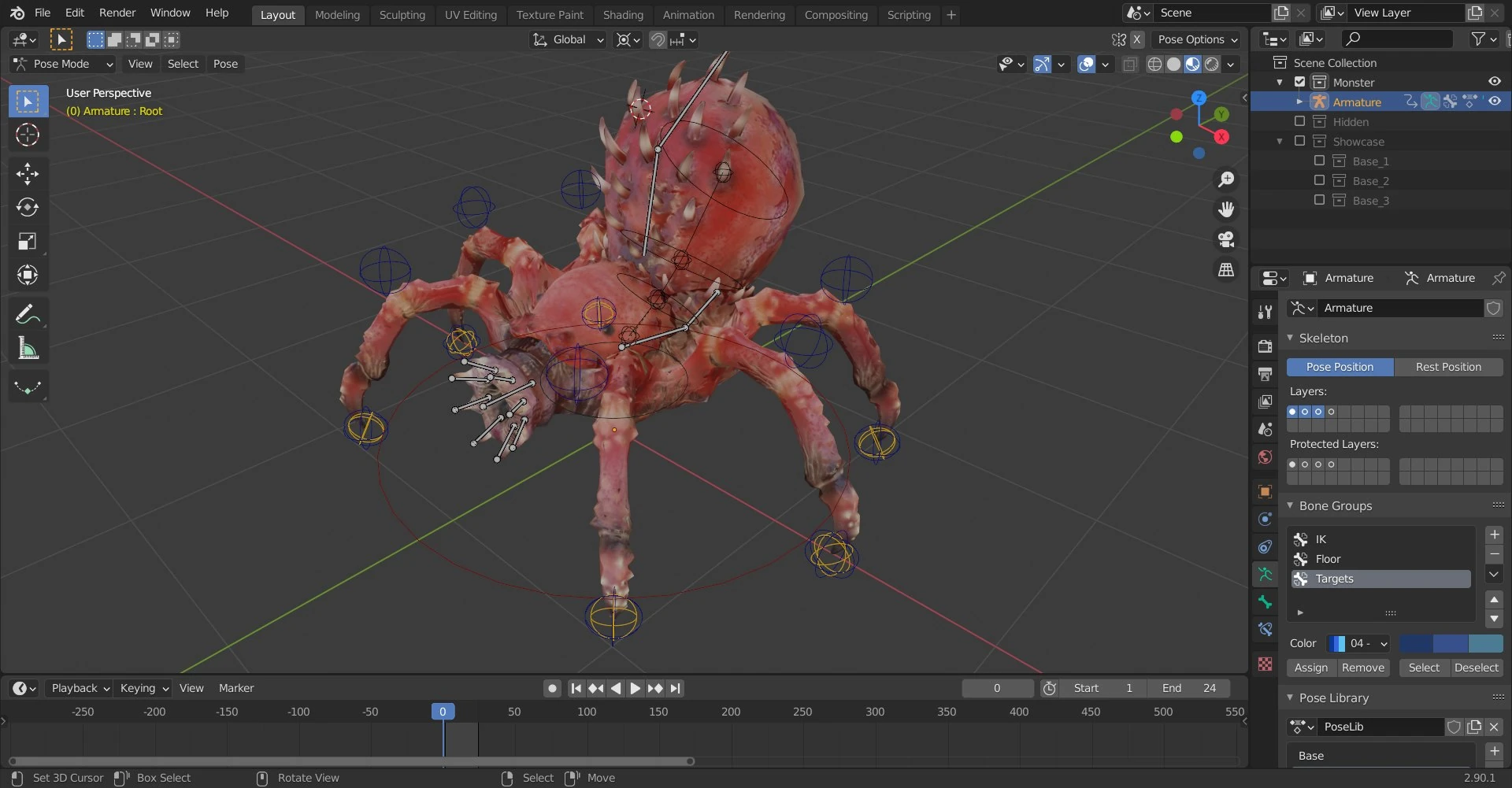 Arachnirock in Blender 2.90 interface, showing full armature and control rig