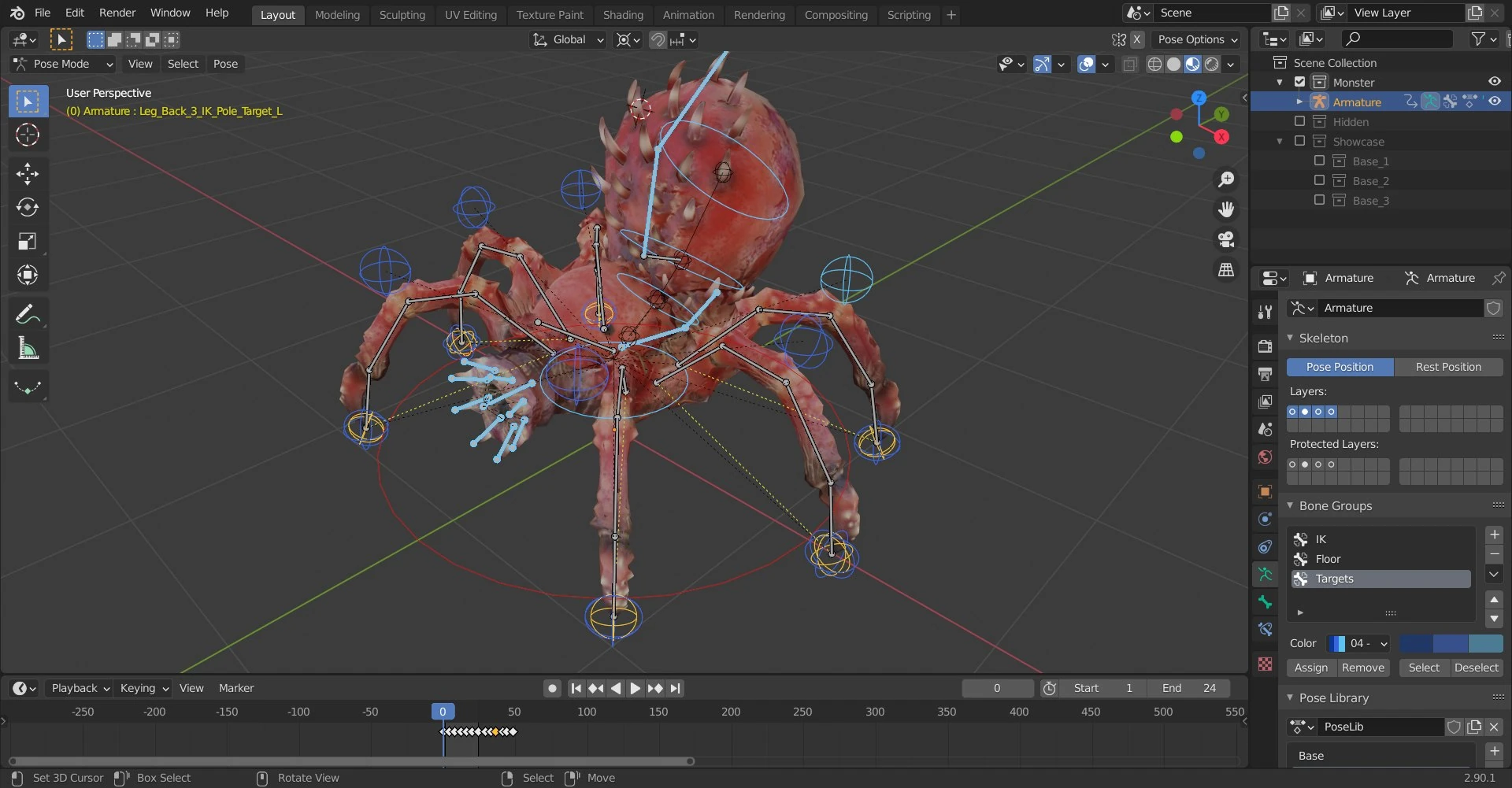 Arachnirock rig close-up in Blender pose mode showing inverse kinematics setup