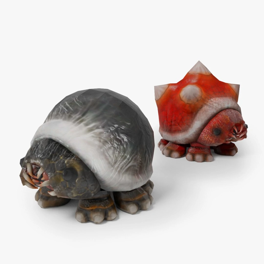 Helmet Bugs rigged 3D creatures — red spiked and black smooth variants by Leo Blanchette.