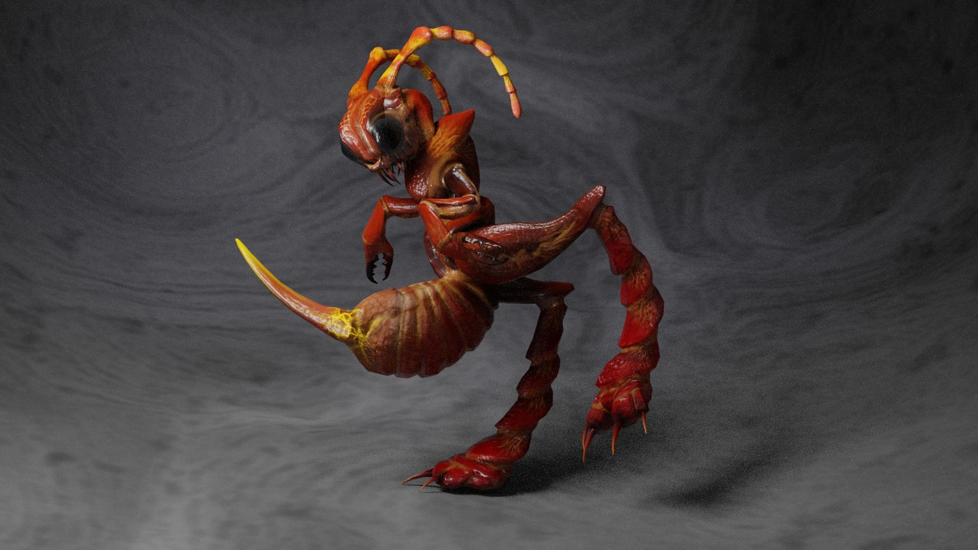 Studio render of the Lance Ant Monster standing on two hind legs with its venomous lance-tail extended, showcasing the detailed muscle and carapace work in Cycles renderer