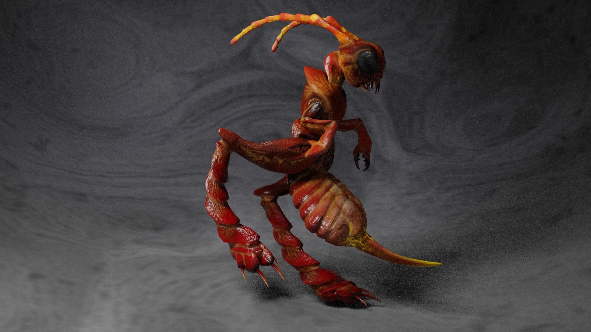 Side view render of the Lance Ant Monster in Blender Cycles, highlighting the stylized armor plating, articulated limb segments, and naturalistic insect anatomy