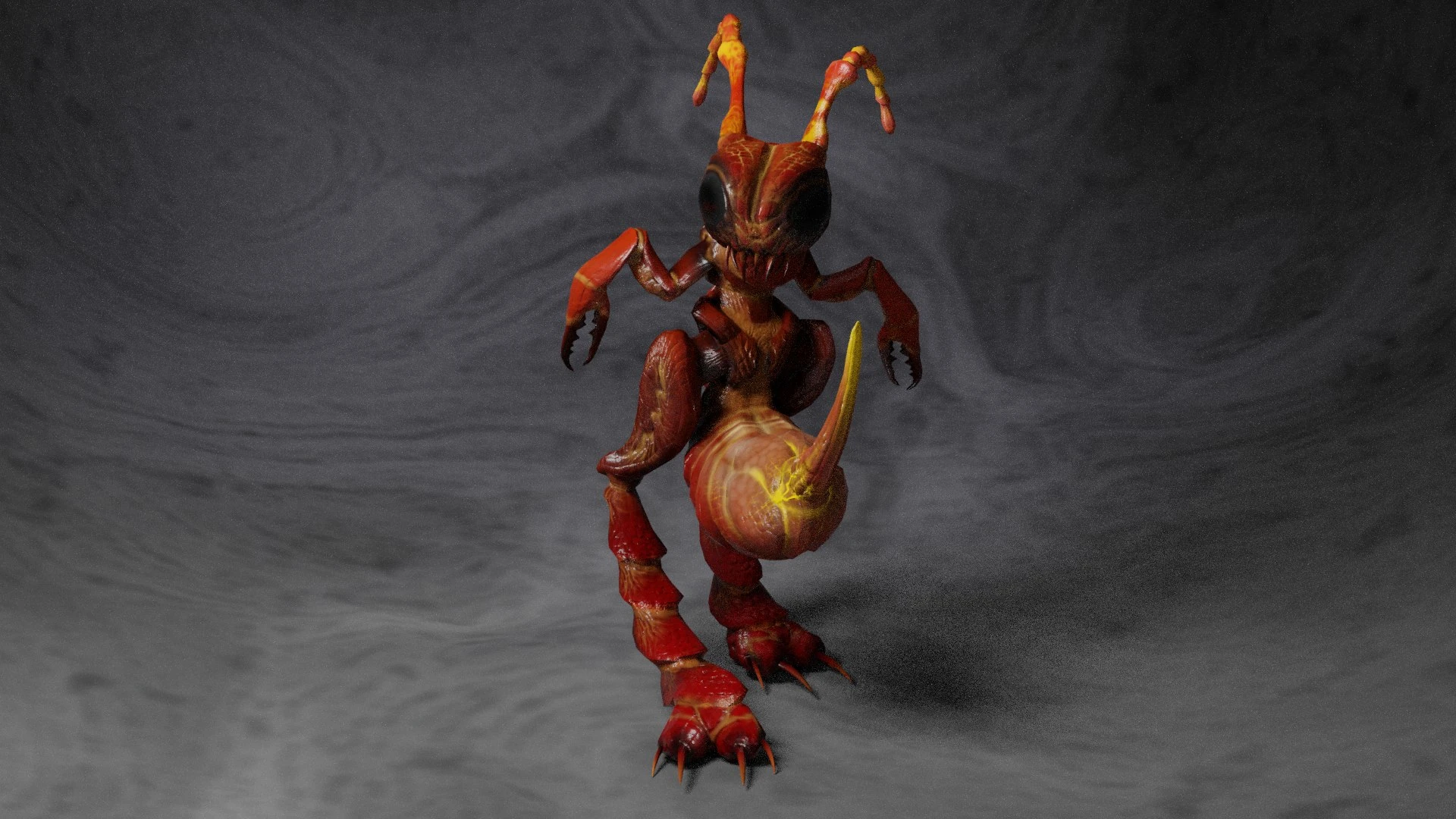 Rear quarter render of the Lance Ant Monster 3D creature showing rigged joint deformation and material shading variations between thorax, abdomen, and stinger