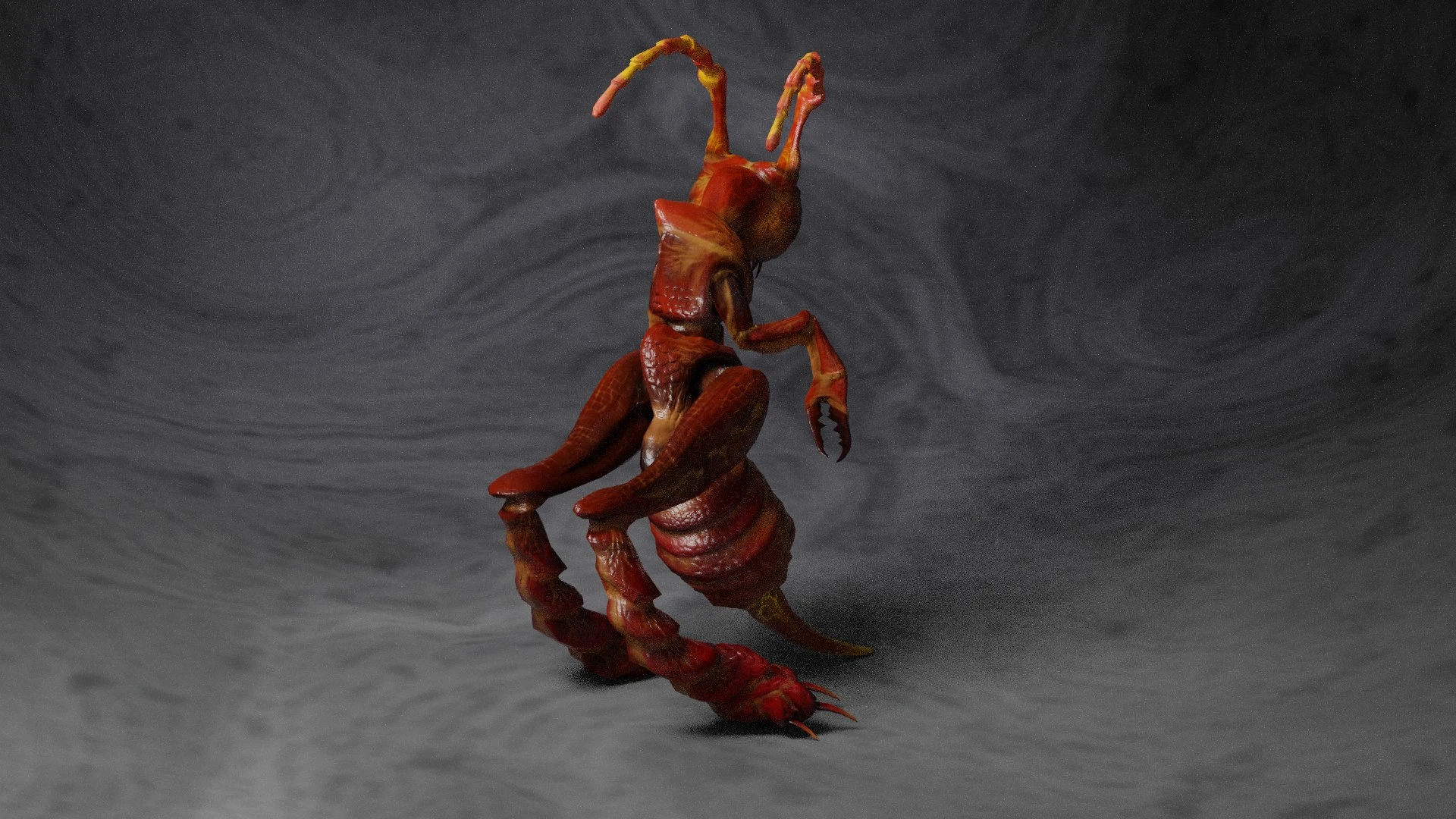 Front-on perspective of the Lance Ant Monster, posed in an aggressive stance with its jaws open and stinger raised, emphasizing the creature’s design balance between fantasy and entomological structure