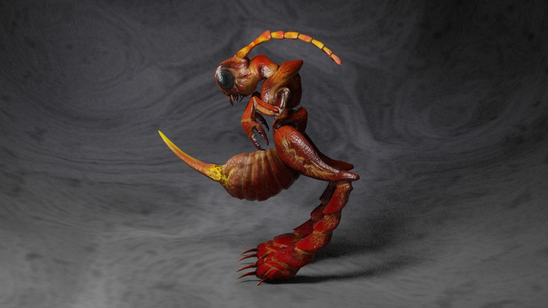 Back view render of the Lance Ant Monster 3D character model with visible rear limb articulation and glossy material reflections over the segmented shell