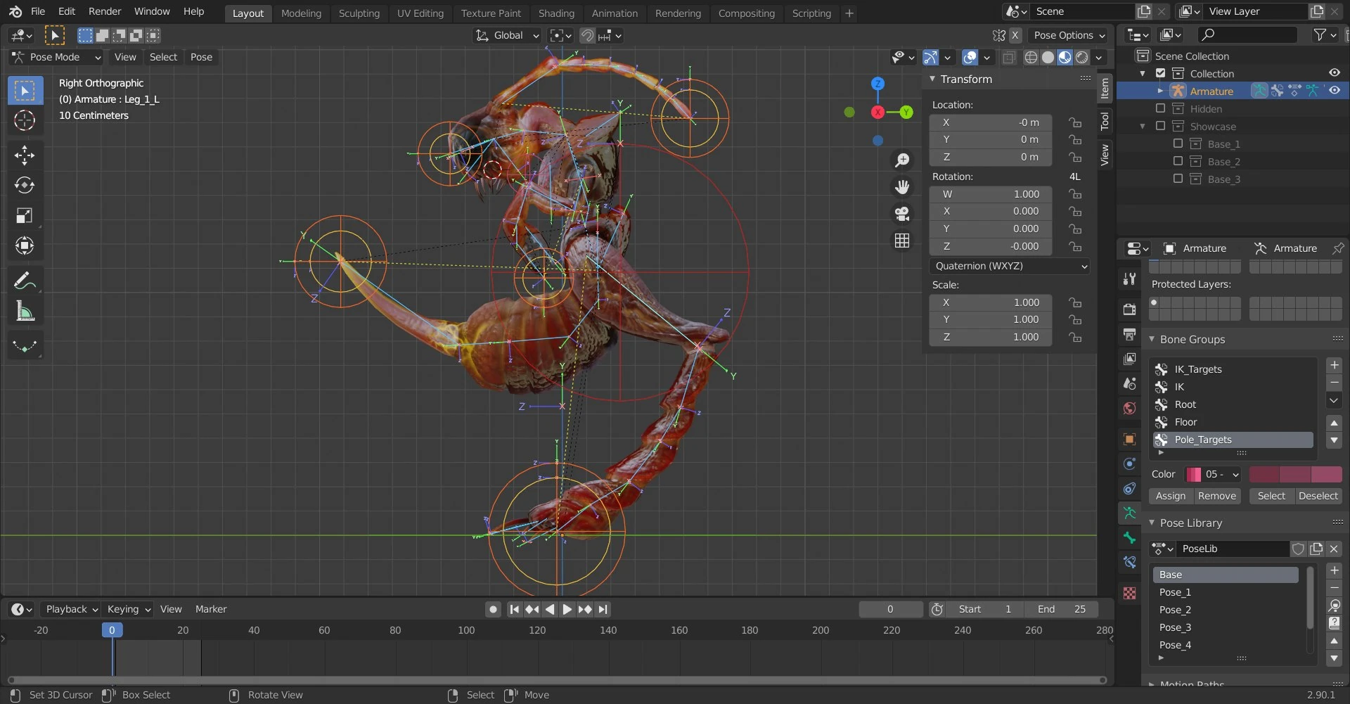 Front orthographic rig view of the Lance Ant Monster 3D model in Blender showing IK targets, pole vectors, and leg controllers used for animation setup