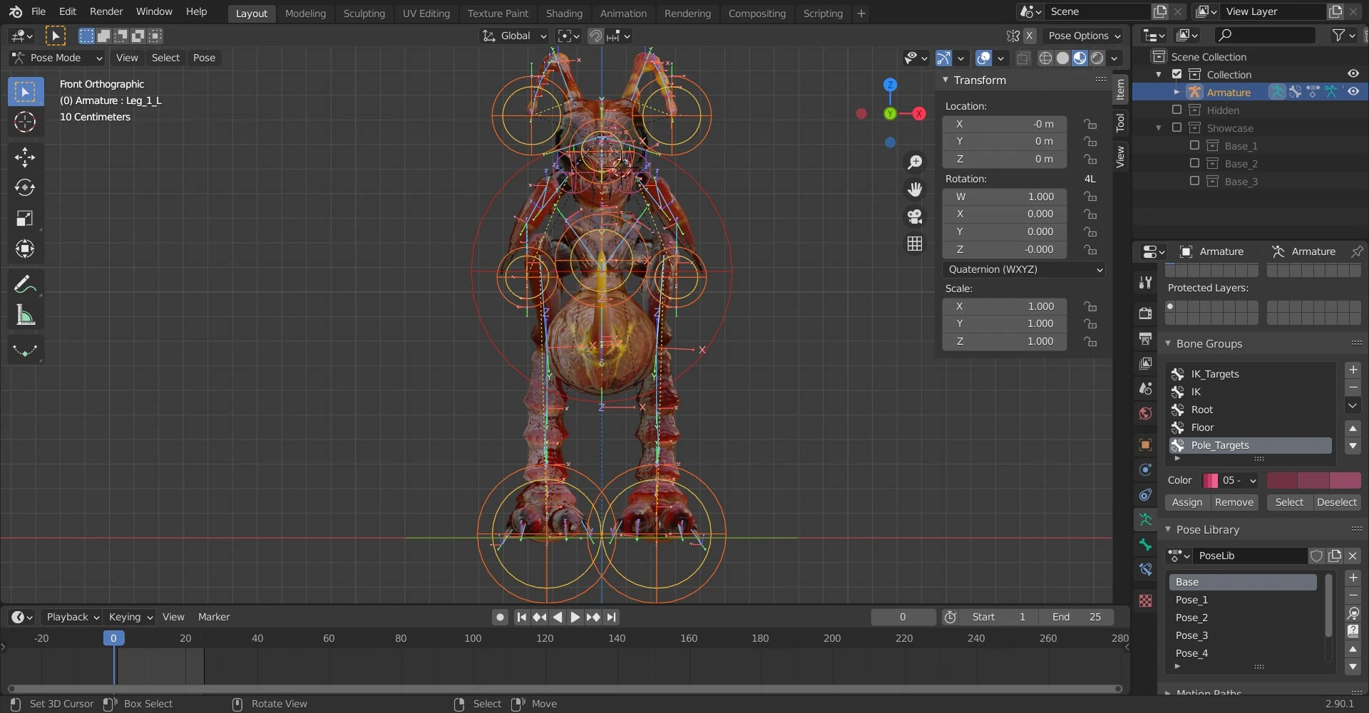 Right orthographic rig view of the Lance Ant Monster in Blender, displaying bone hierarchy, animation controls, and the inverse kinematics system for natural leg motion