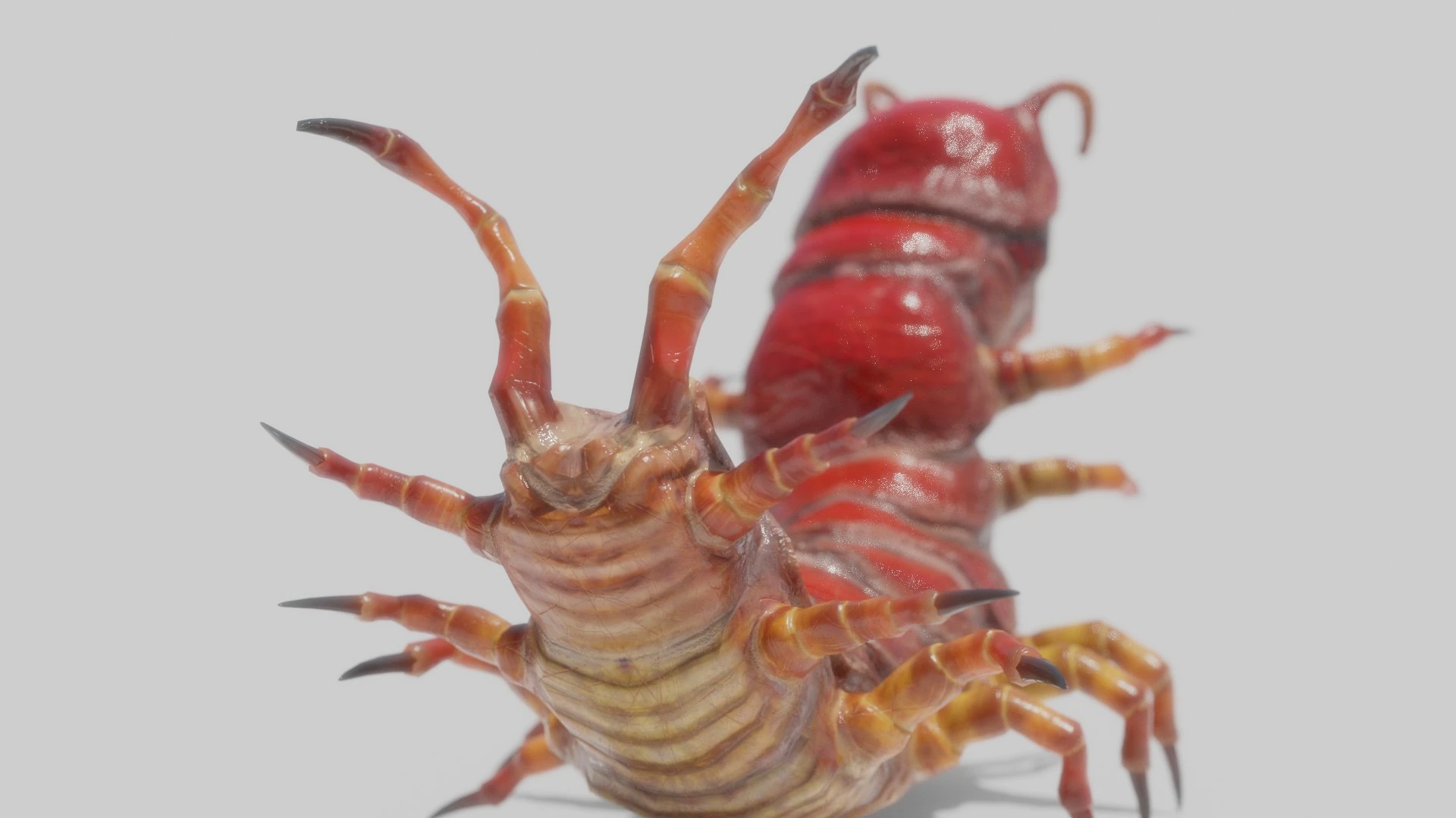 Rear perspective of the Oculon monster, emphasizing its spiked tail and segmentation