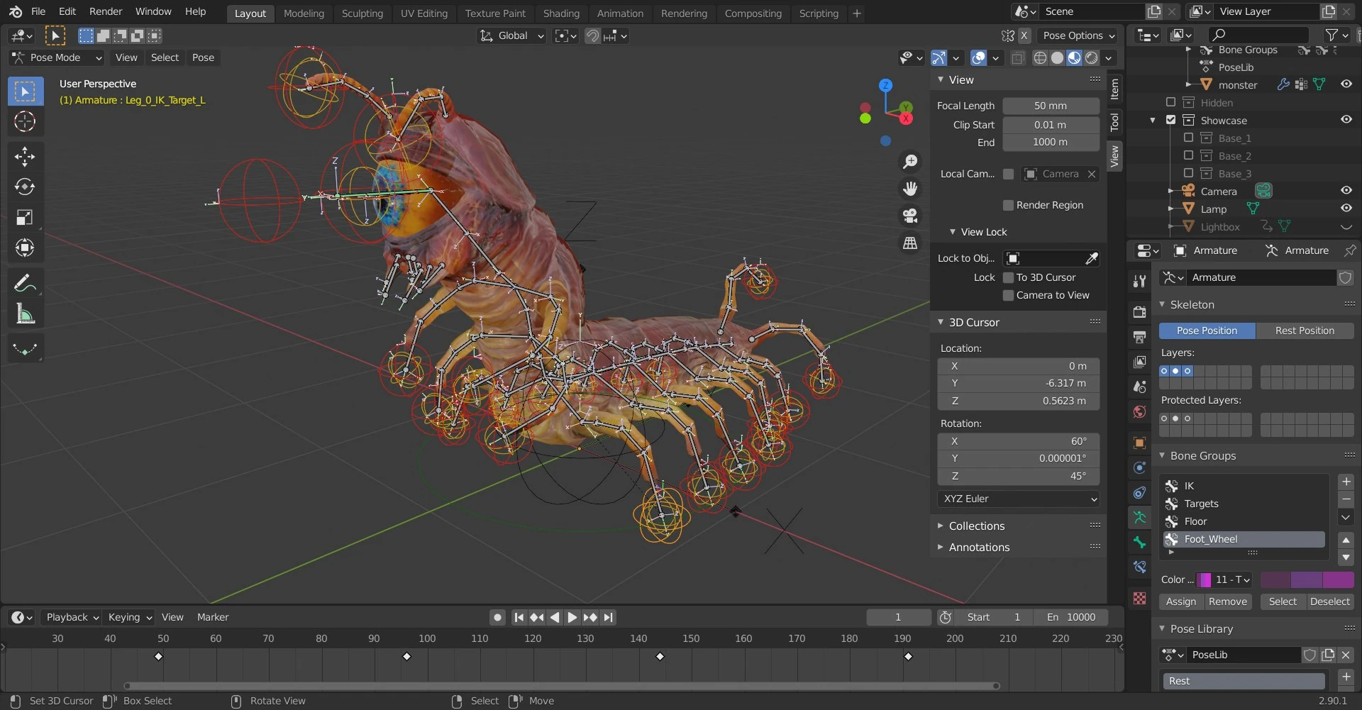 Blender viewport showing the Oculon eyeball centipede fully rigged with IK targets and animation bones
