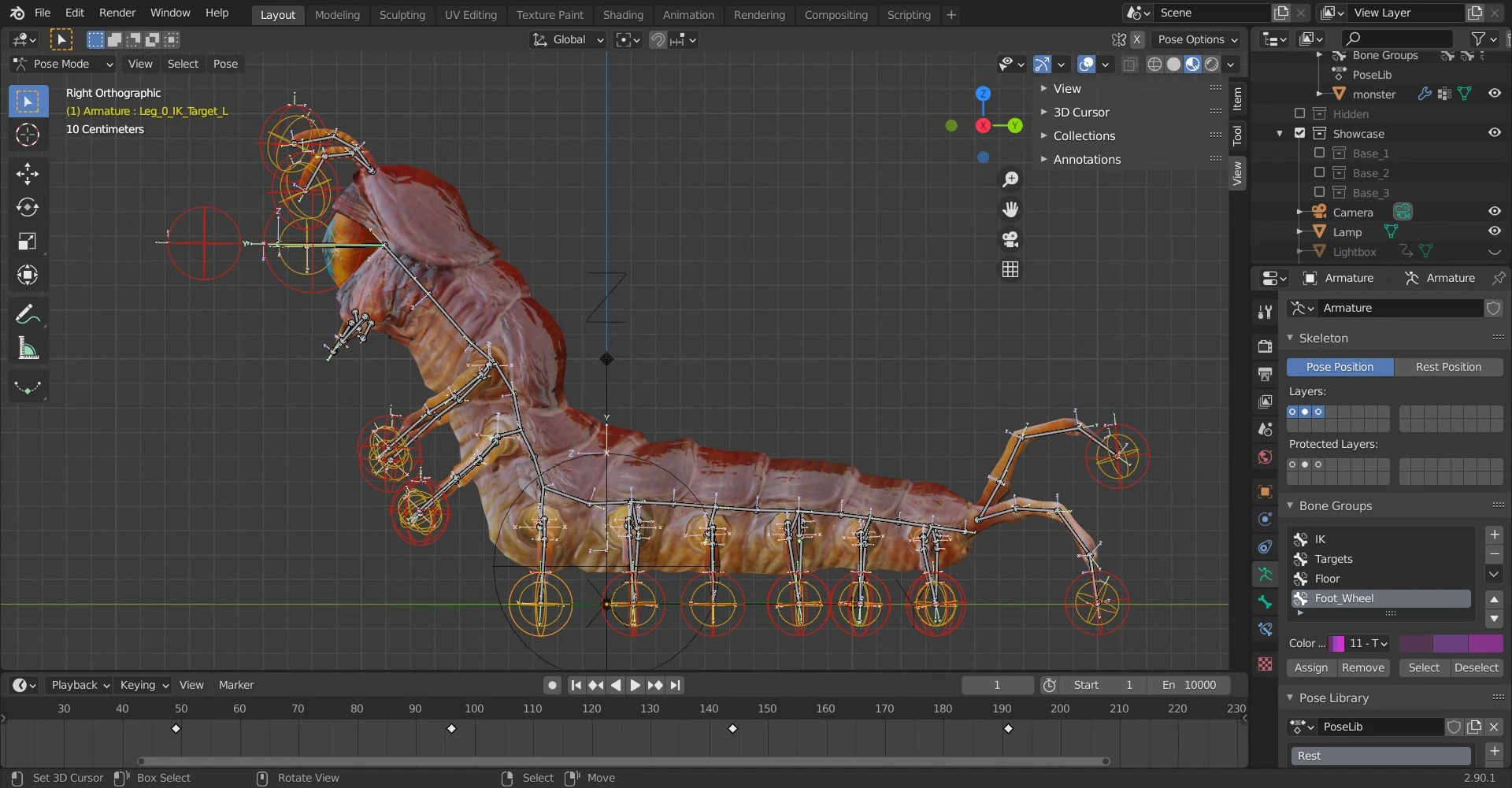 Side orthographic view of the Oculon centipede rig inside Blender, displaying joint placement and limb control