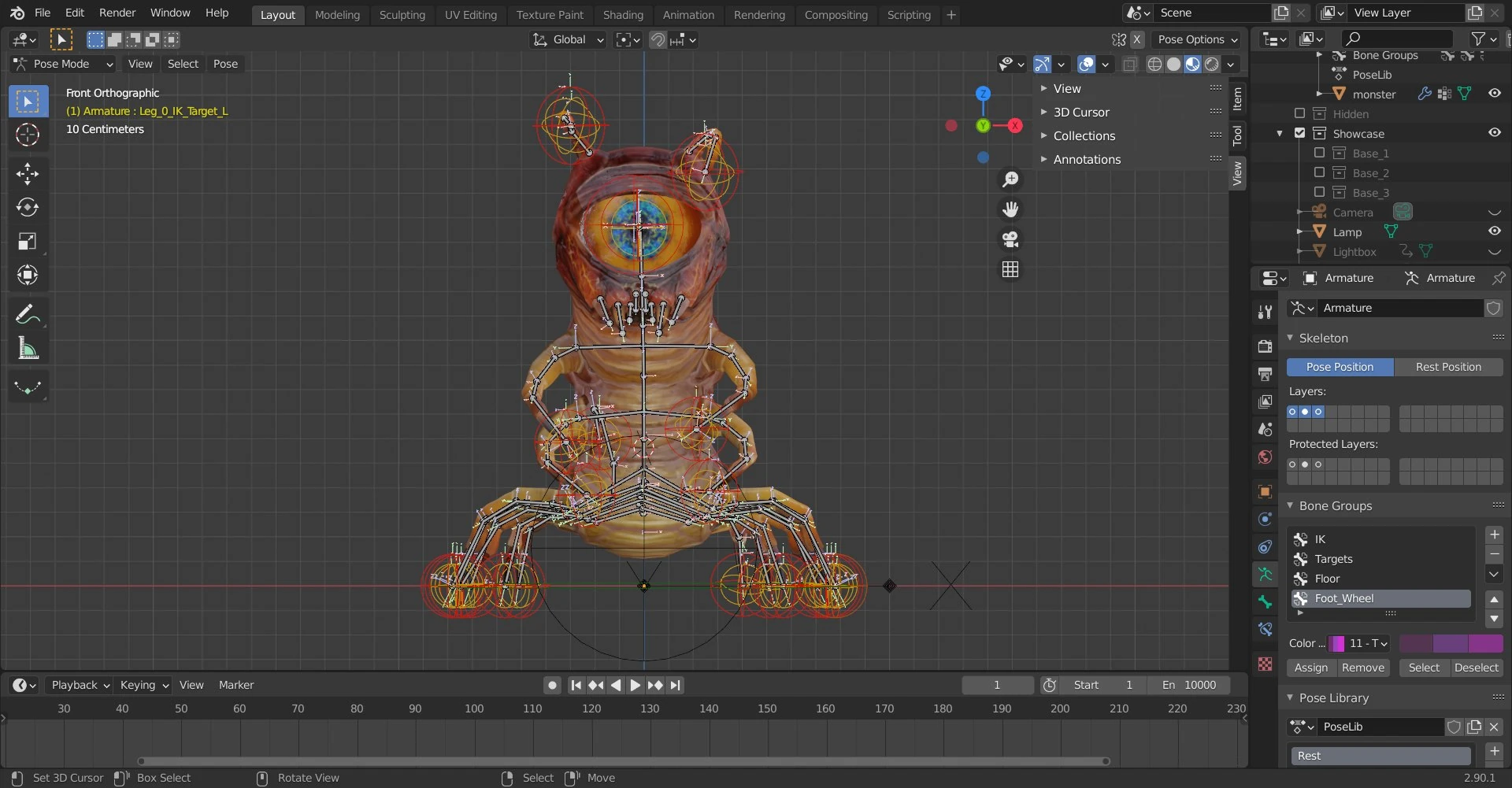 Front orthographic viewport of the Oculon 3D model armature showing symmetrical bone structure and eye rig