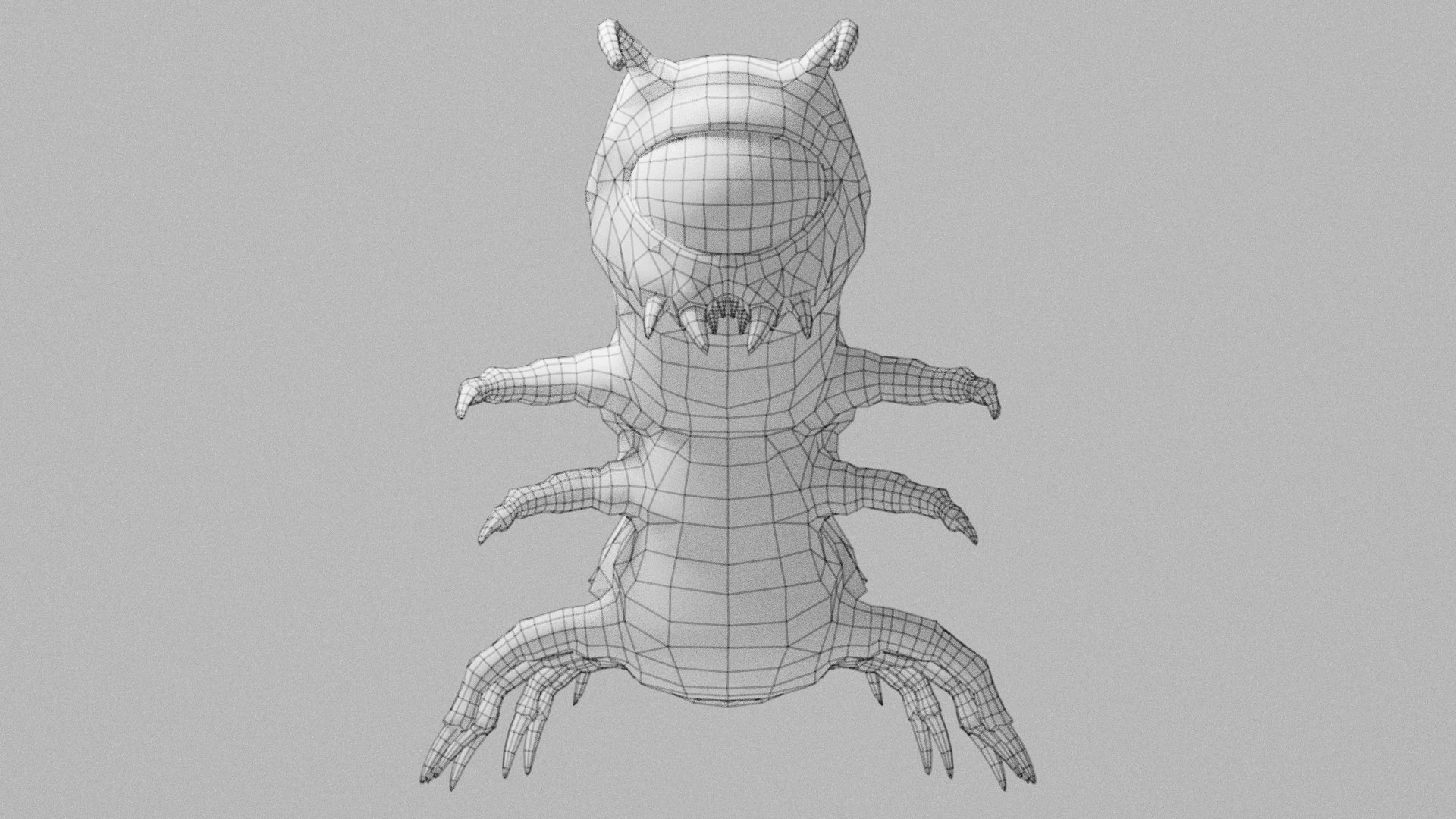 Front wireframe render of Oculon highlighting mouth spikes, legs, and symmetrical mesh topology