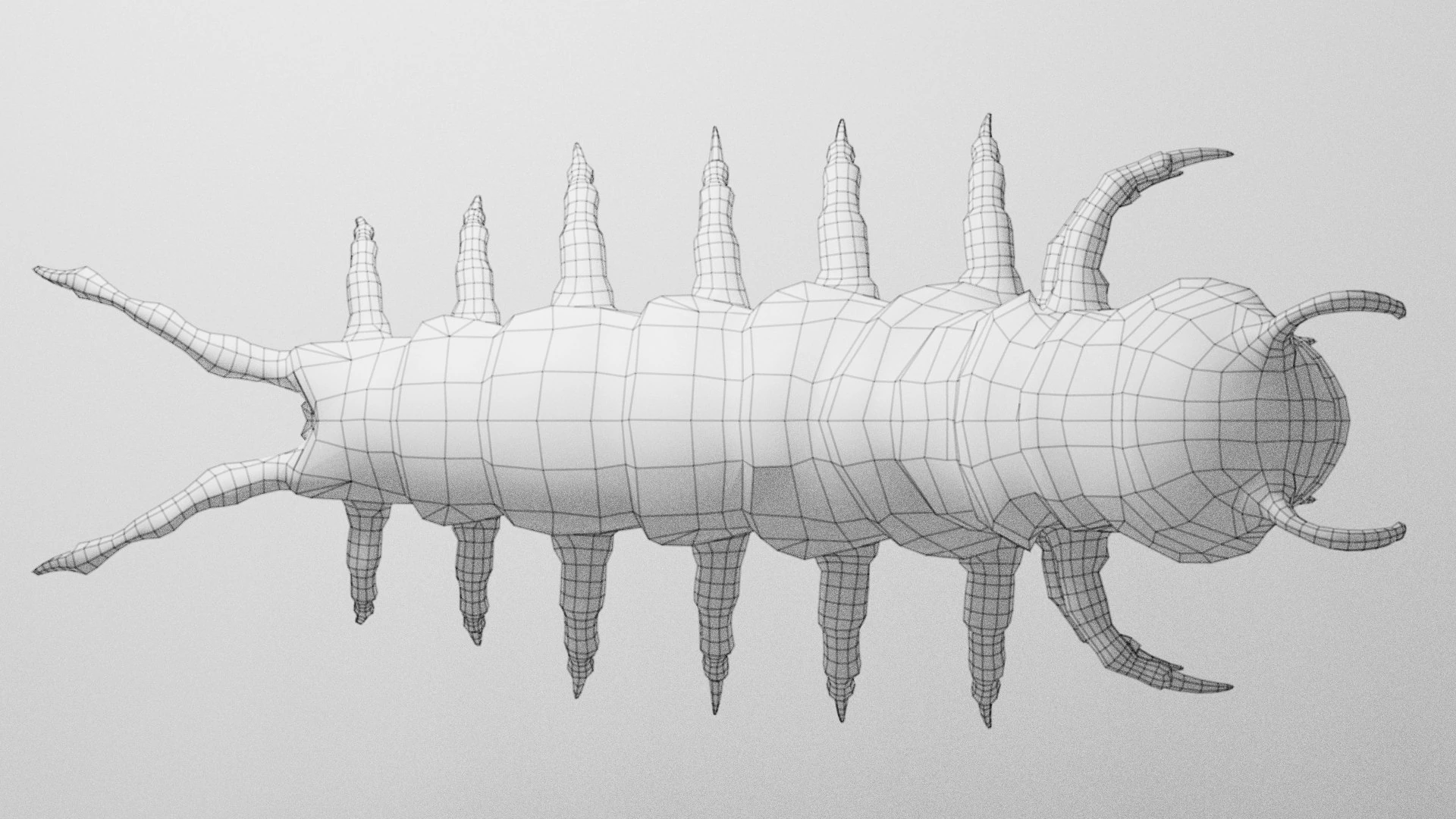 Bottom view wireframe of the Oculon 3D model revealing segmented body structure and rig-ready geometry