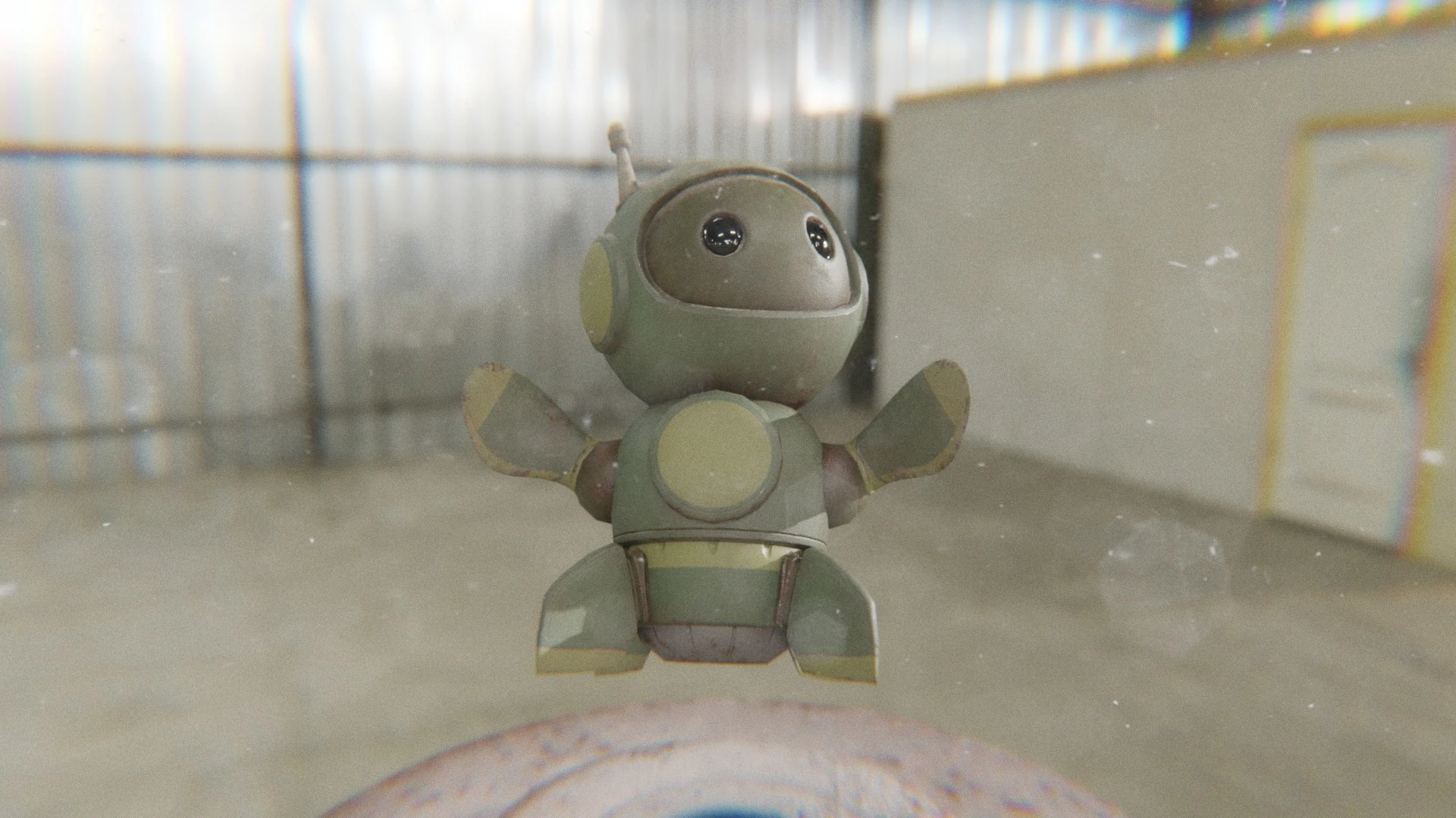 Dramatic expression render of Retrobot Army Paint mascot under cinematic lighting