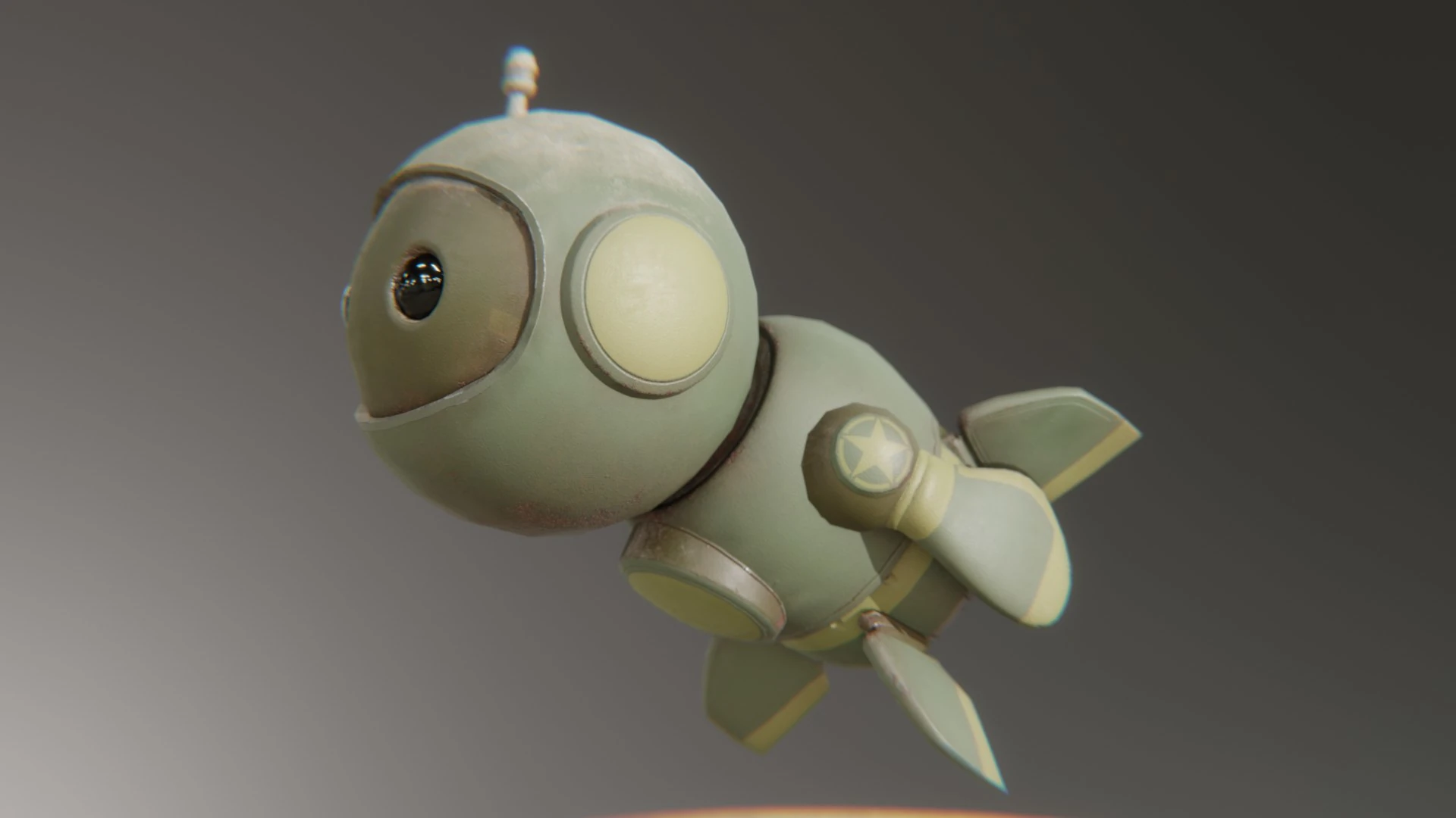 Flying pose of Retrobot Army Paint mascot with HDRI lighting