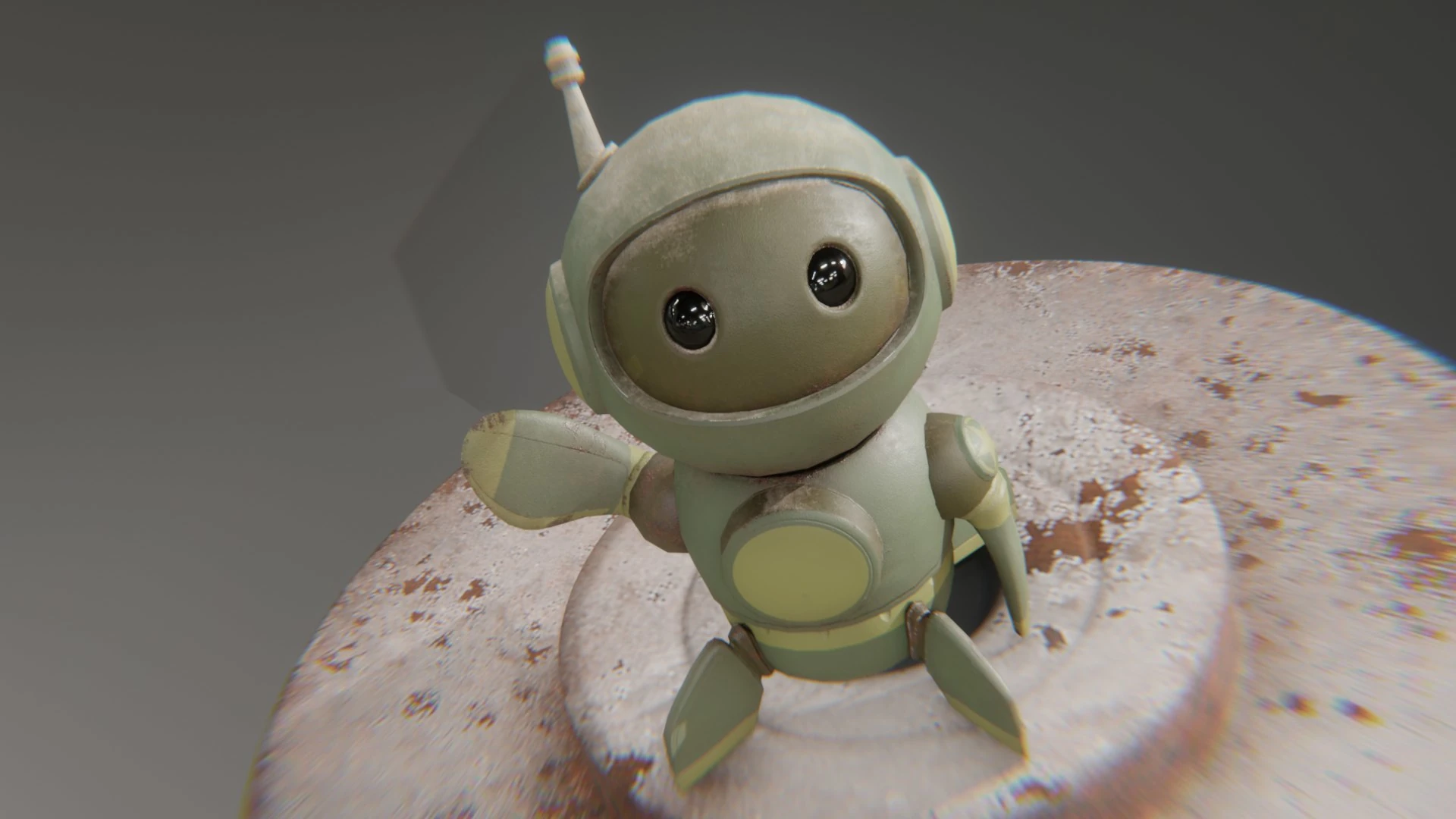 Retrobot Army Paint mascot waving from rusted launch pad