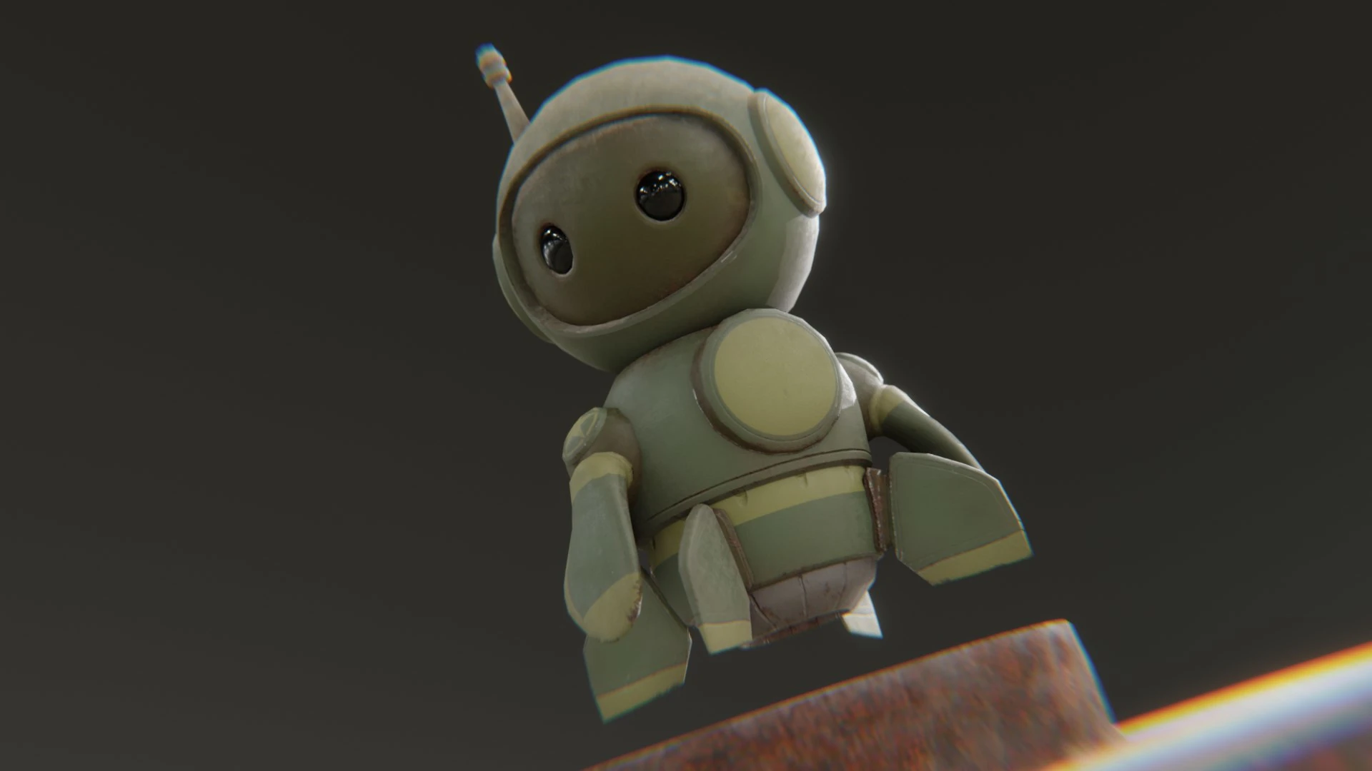 Hovering Retrobot Army Paint 3D robot with dark gradient background