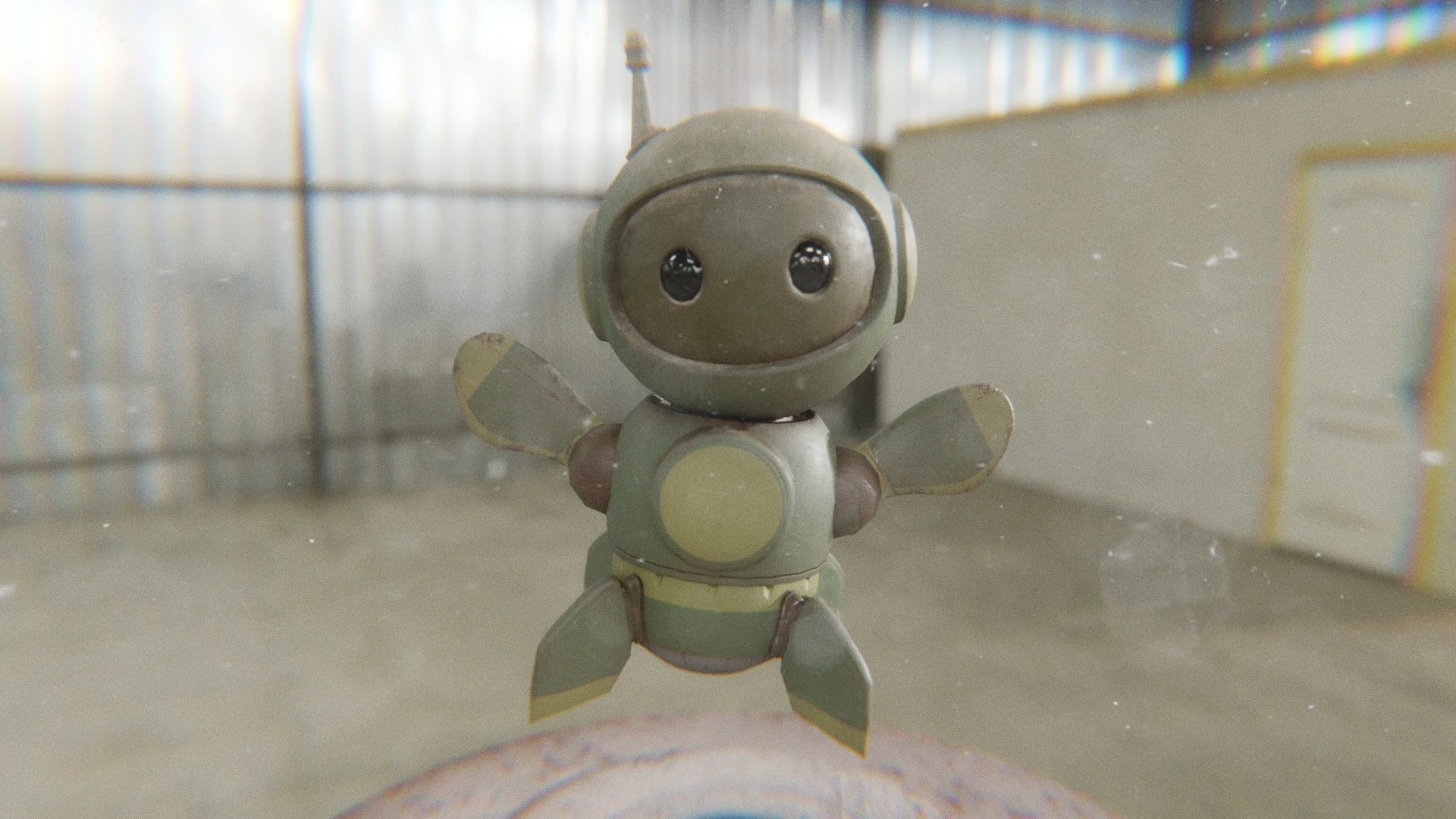 Retrobot Army Paint 3D mascot waving with cheerful pose in industrial HDRI scene