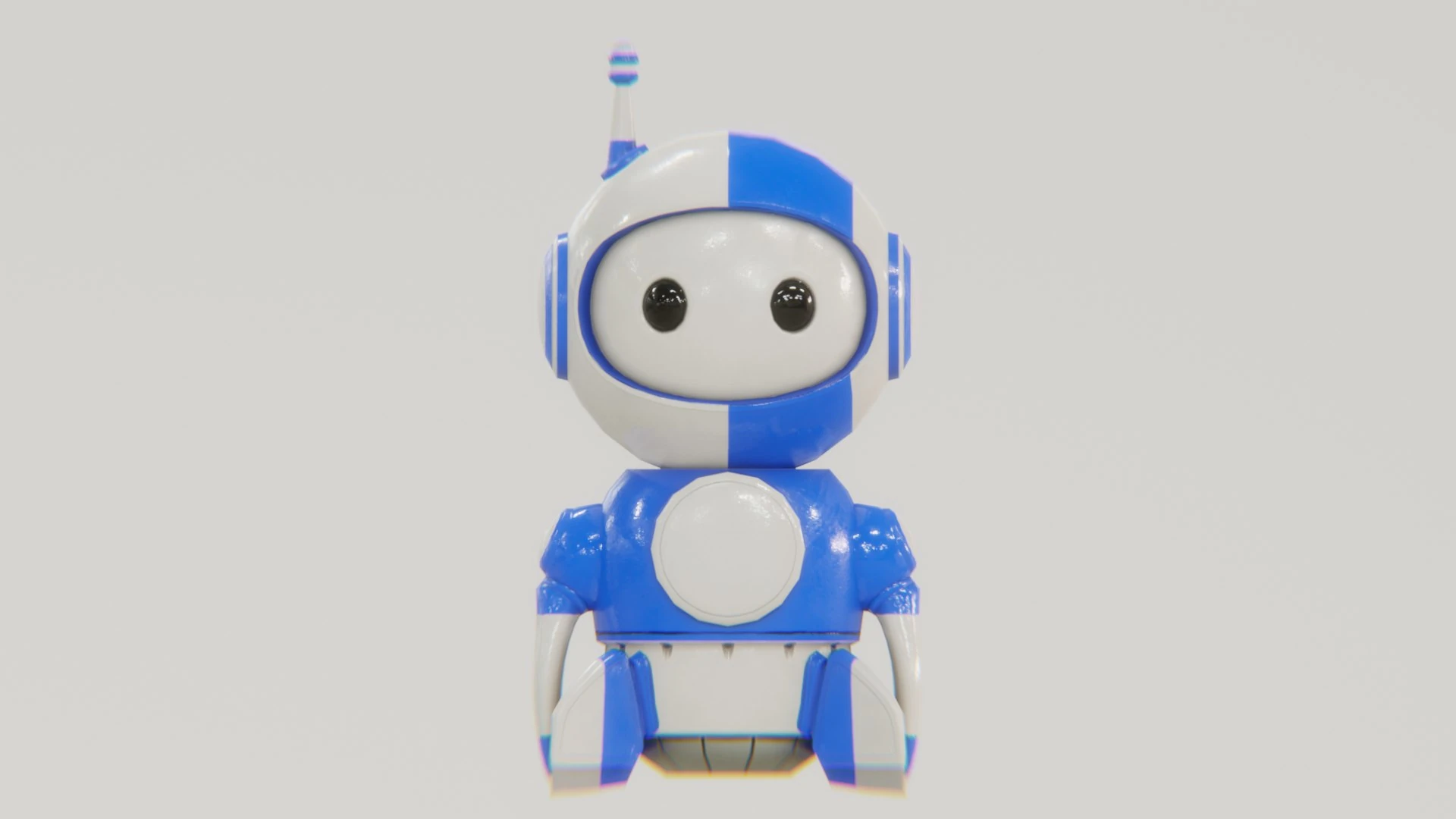 Retrobot Classic Blue Version 3D mascot front render – shiny blue and white retro robot