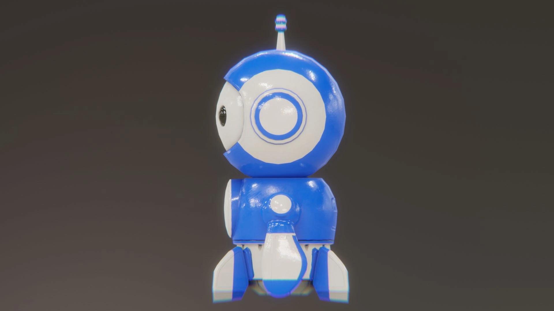 Side view of cute Retrobot Classic Blue 3D model showing reflective surface and stylized geometry