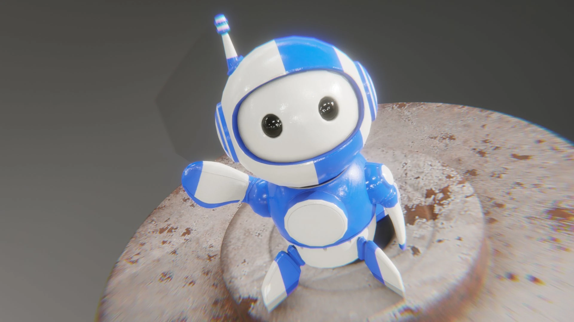 Cute Retrobot Classic Blue mascot waving animation rendered with HDRI lighting