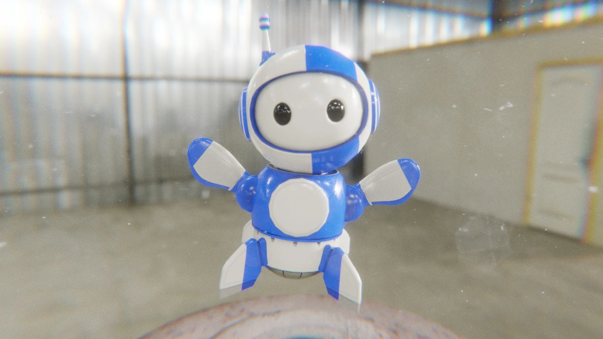 Cute 3D robot mascot raising its arms in a bright warehouse scene