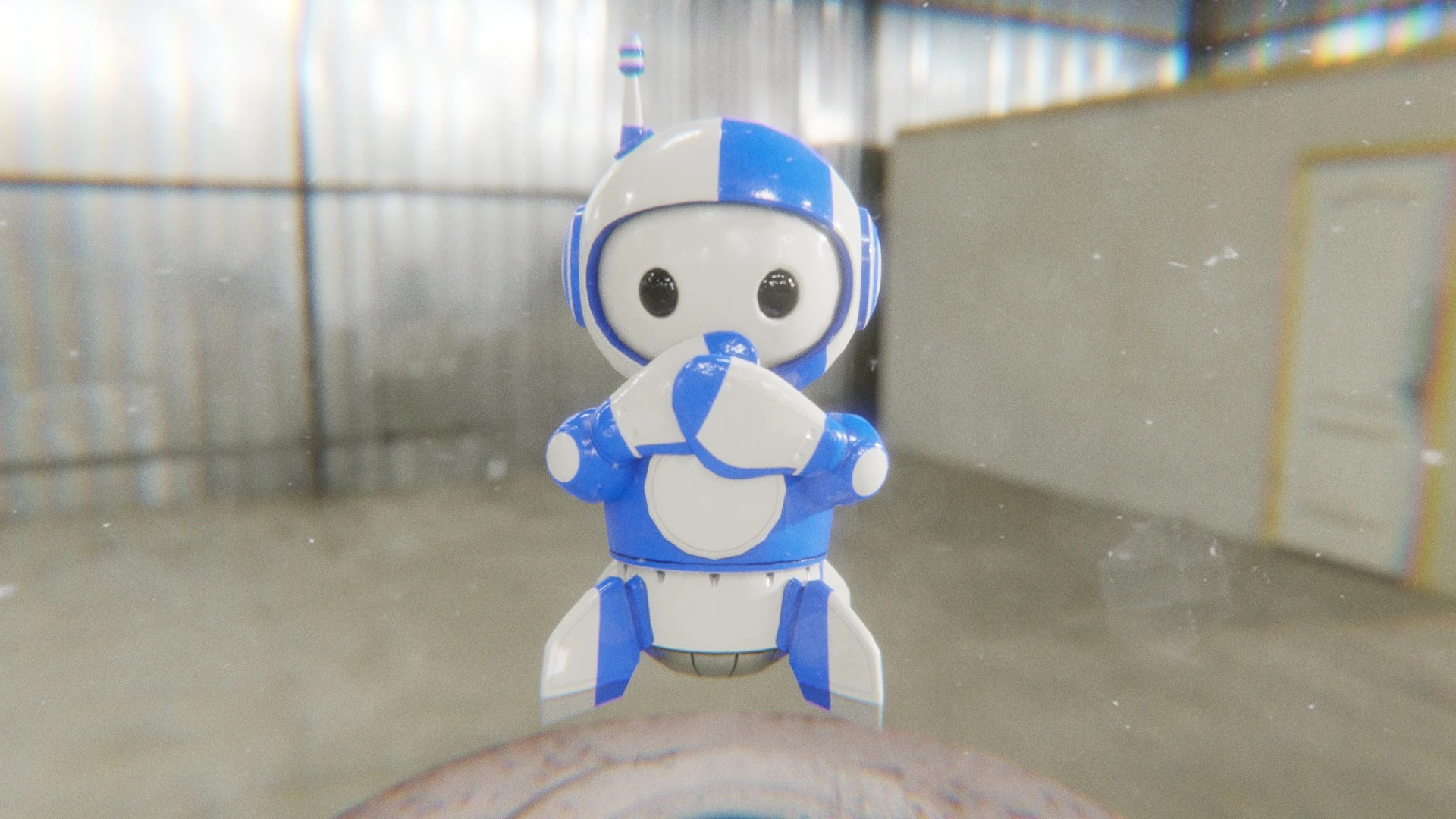 Cute blue and white robot mascot laughing animation with glossy body