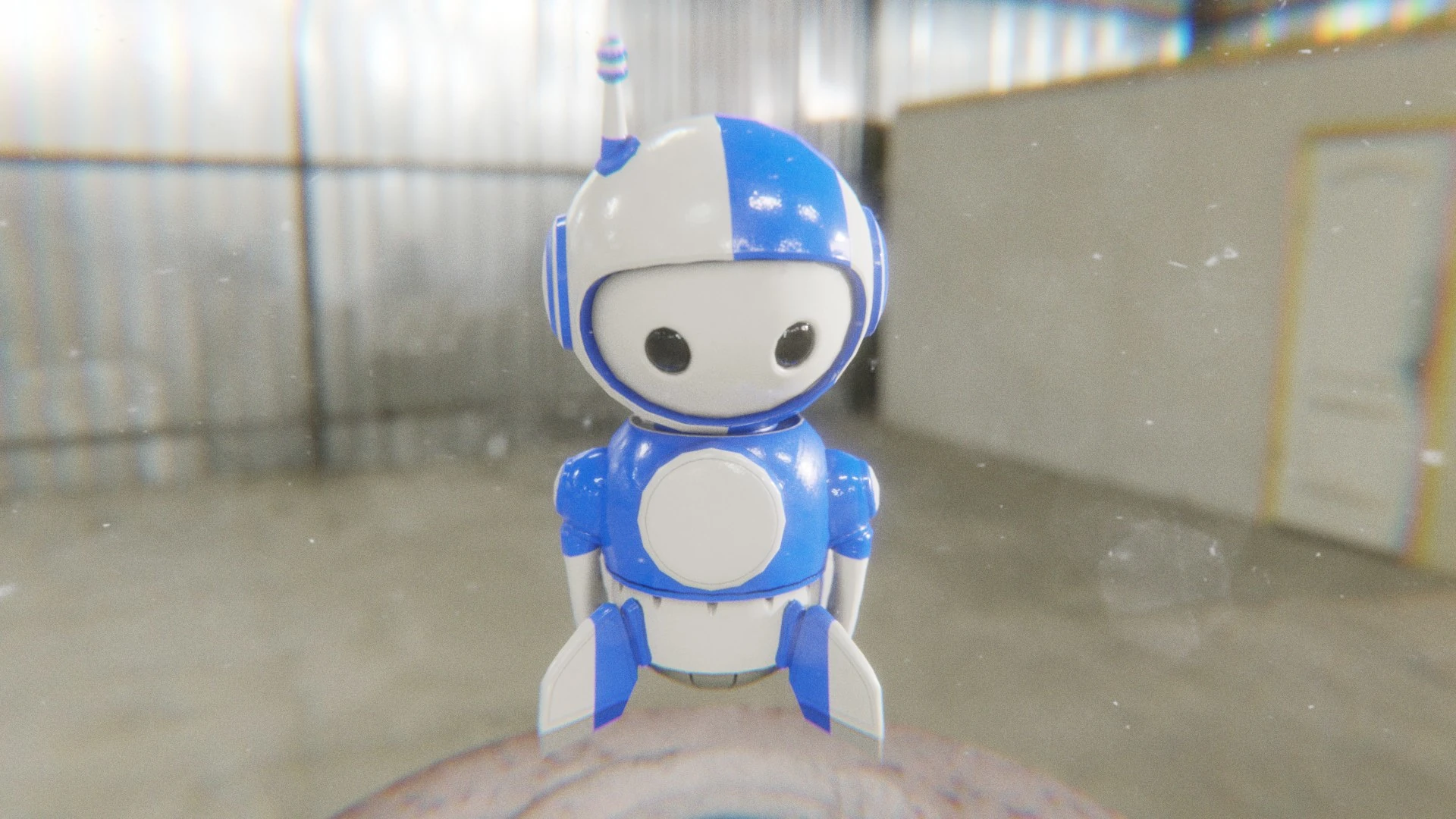 Cute robot mascot looking sad in reflective blue armor
