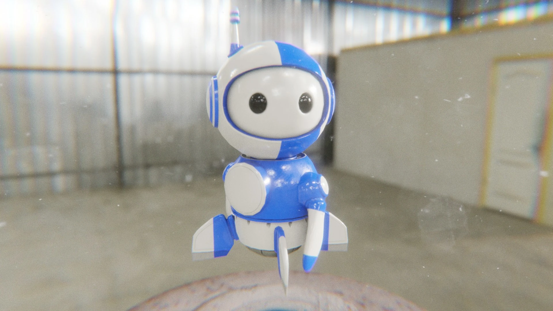 Blue and white robot mascot performing a spin animation in mid-air