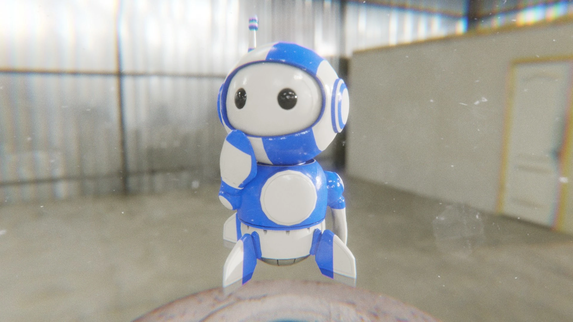 Cute blue 3D robot mascot with hand on chin thinking pose