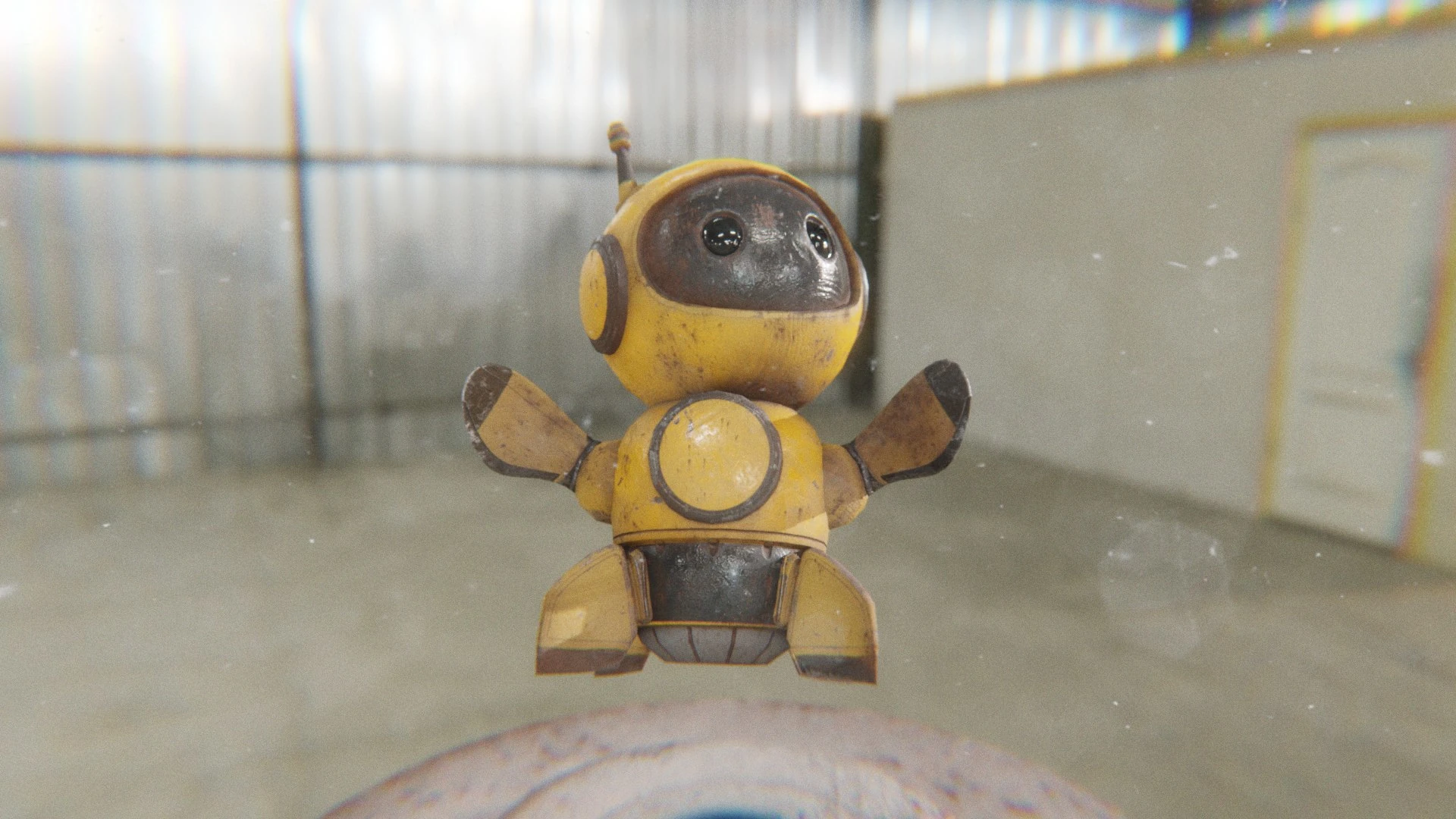The yellow Retrobot Construction Version floating in an industrial setting, with its arms thrust dramatically outwards in an 'angry' or 'dramatic' pose. The wide stance and slightly tilted head emphasize a strong emotional outburst.