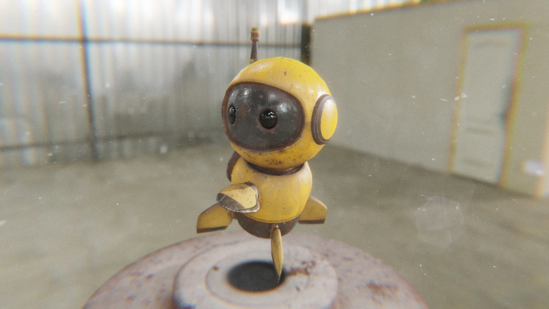 The yellow Retrobot Construction Version floating in an industrial setting, leaning slightly forward in a dynamic, aggressive stance. Its body is angled as if executing a 'pounce' or 'attack' animation, demonstrating its potential for more active, fast-paced game scenarios.