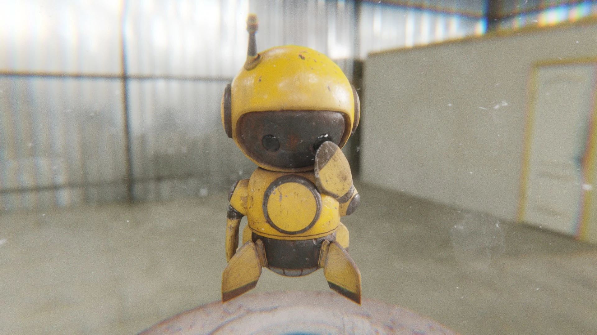 The yellow Retrobot Construction Version floating in an industrial setting, with one small arm covering its face in a classic 'facepalm' gesture. This animation conveys frustration, disappointment, or self-correction in a relatable way.