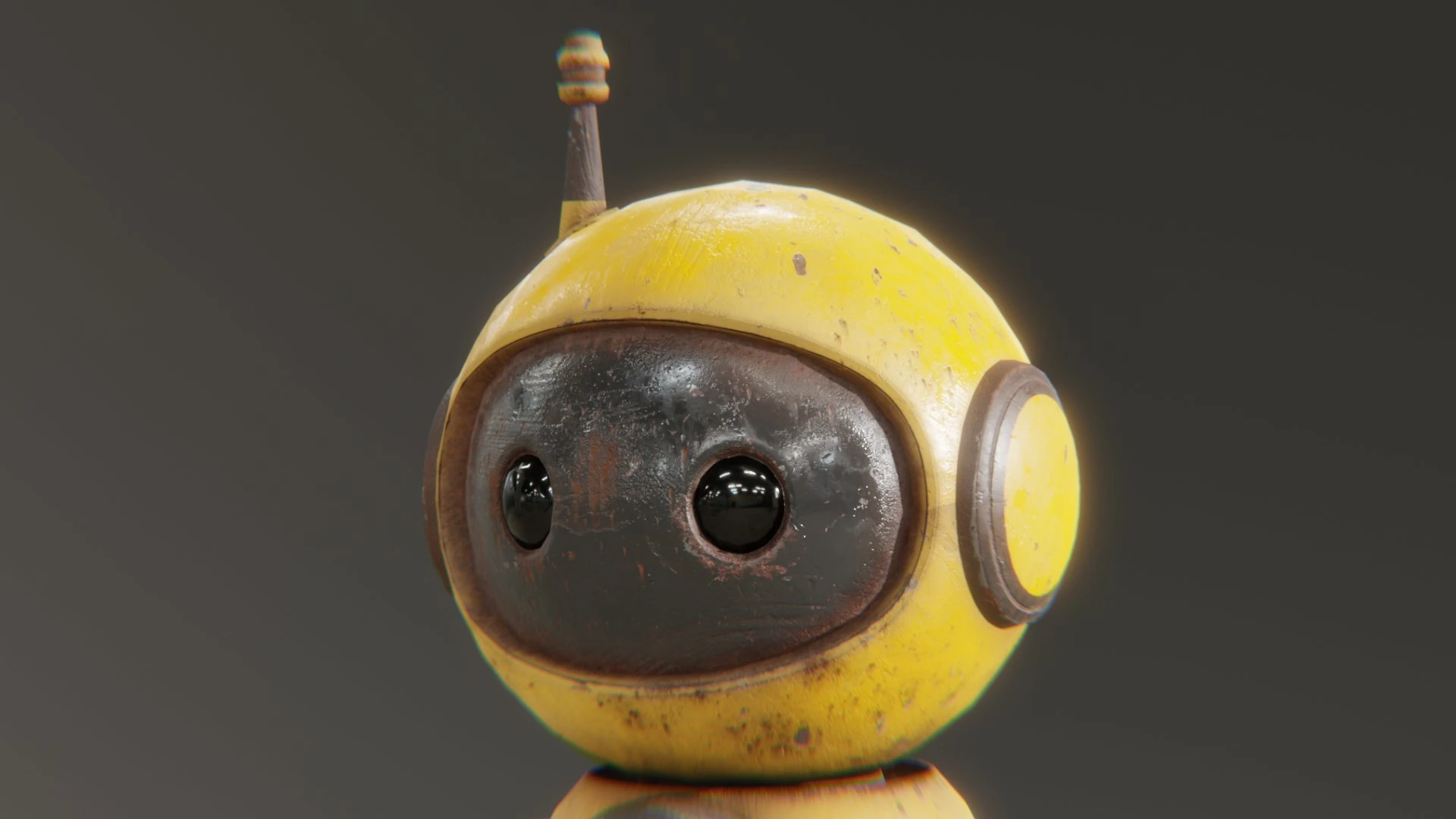 Extreme close-up on the head of the yellow Retrobot Construction Version. The focus is sharp on the rusty, textured black faceplate, the highly reflective dark eyes, and the antenna tip, highlighting the high-detail PBR (Physically Based Rendering) texture work.