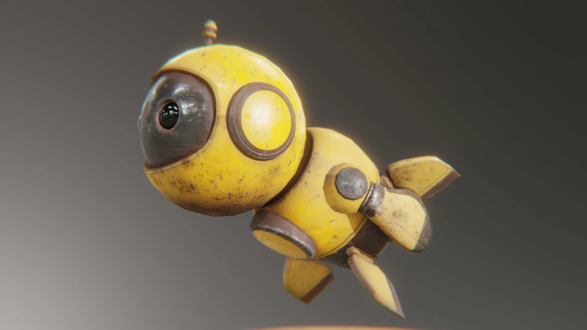 Dynamic profile shot of the Retrobot Construction Version floating horizontally, with its body angled and large flight fins visible. The render emphasizes motion and flight, showcasing the side profile of the head, body, and rear propulsion system.