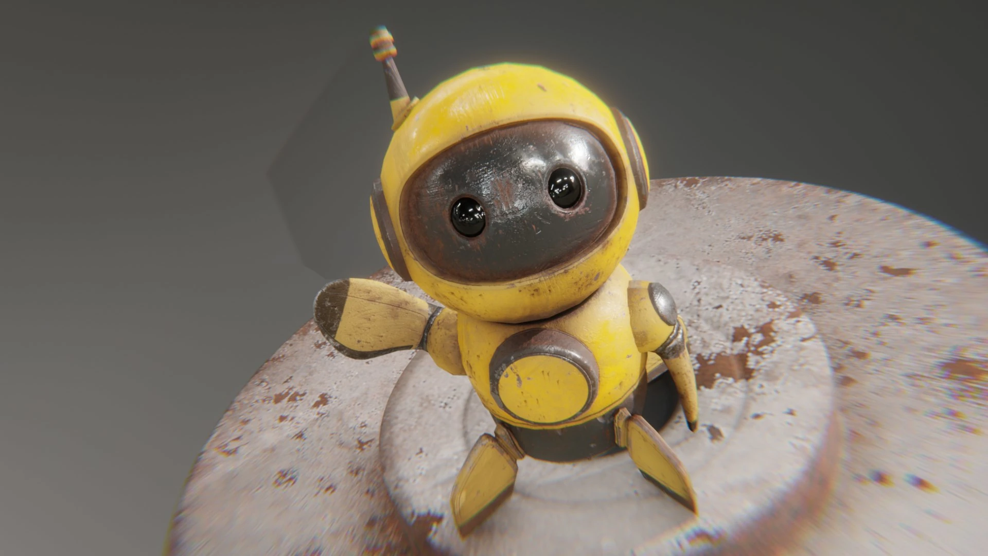 High-angle, close-up shot of the yellow Retrobot Construction Version looking up and waving at the camera from a rusty metallic base. This engaging perspective emphasizes its friendly nature and the weathered, industrial environment materials.