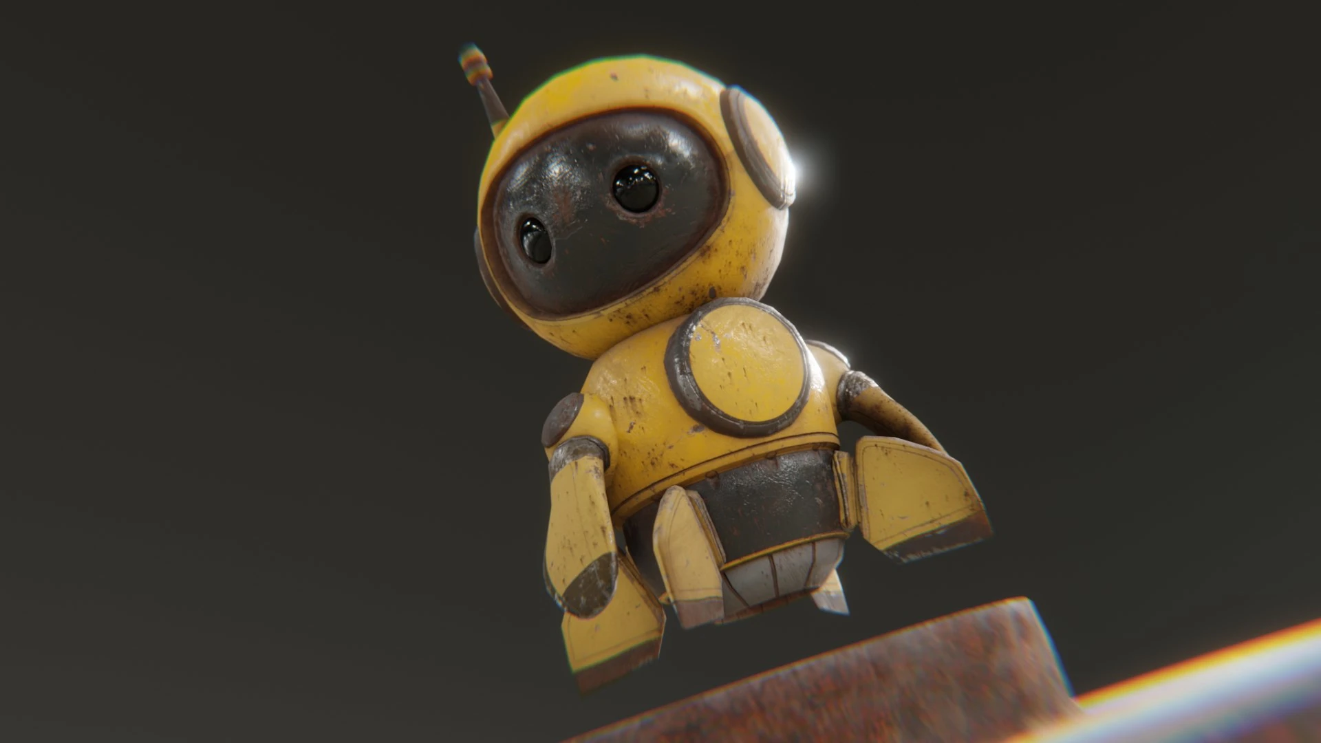 Low-angle shot of the yellow Retrobot Construction Version floating above a rusty metal object, looking down. The perspective exaggerates its size slightly, showcasing the detail of its chest emblem, black undersides, and worn yellow paint.