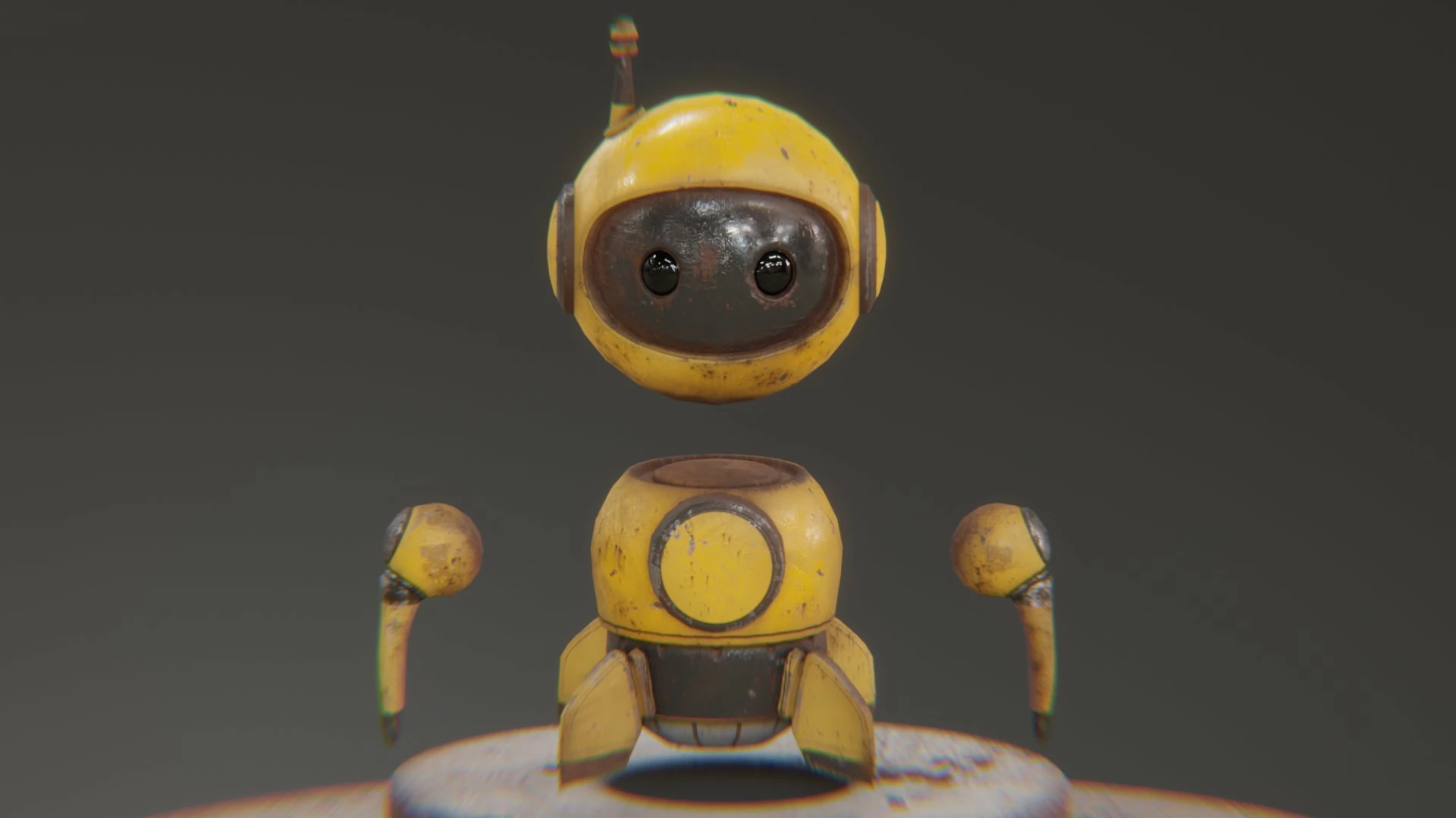 Disassembled or modular view of the yellow Retrobot, showing the head, body, and two separate arm/hand modules floating independently above a surface. This demonstrates the model's modularity for easy integration and part manipulation.