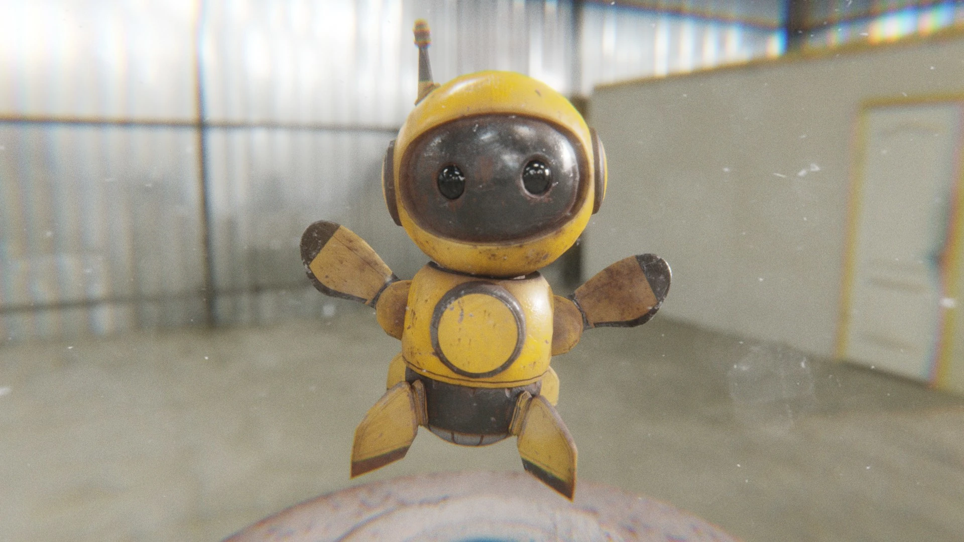 The yellow Retrobot Construction Version floating in an industrial setting, with its arms stretched outwards and up, resembling a gesture to 'get attention' or wave enthusiastically. The friendly, open pose is excellent for initial greetings or calls to action.