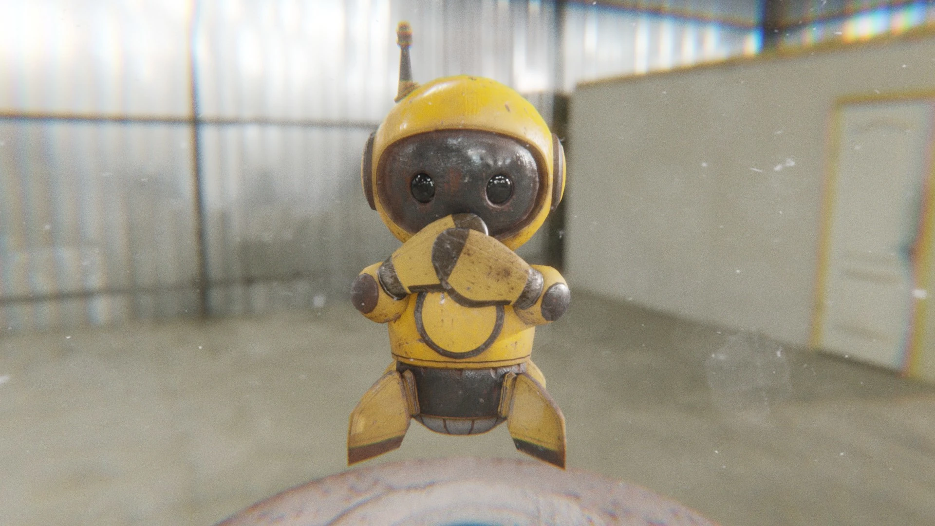 The yellow Retrobot Construction Version floating and giggling in an industrial setting, with one arm covering its mouth. The pose is playful and shy, showcasing a cute, expressive animation suitable for positive user feedback or game reactions.