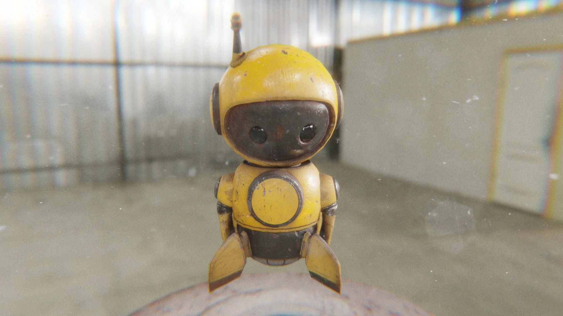 The yellow Retrobot Construction Version floating in an industrial setting, with a distinctly sad expression. Its large, dark eyes are downturned, conveying a melancholy or mournful emotion, highlighting the character's range of emotional animation loops.