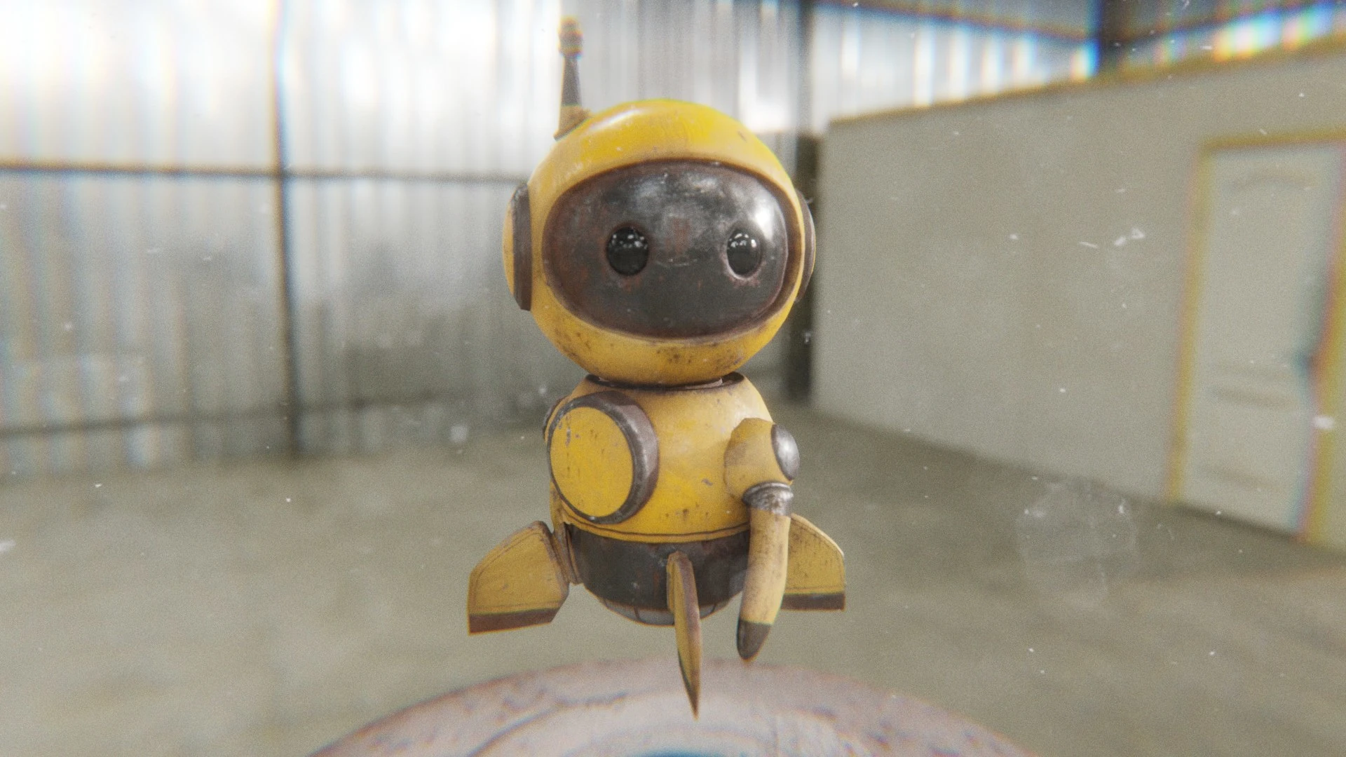 The yellow Retrobot Construction Version floating in an industrial setting, posed as if in the middle of a spin or quick turn. The left arm is tucked in and the right is slightly extended, suggesting rapid rotational movement or an agile flight pattern.