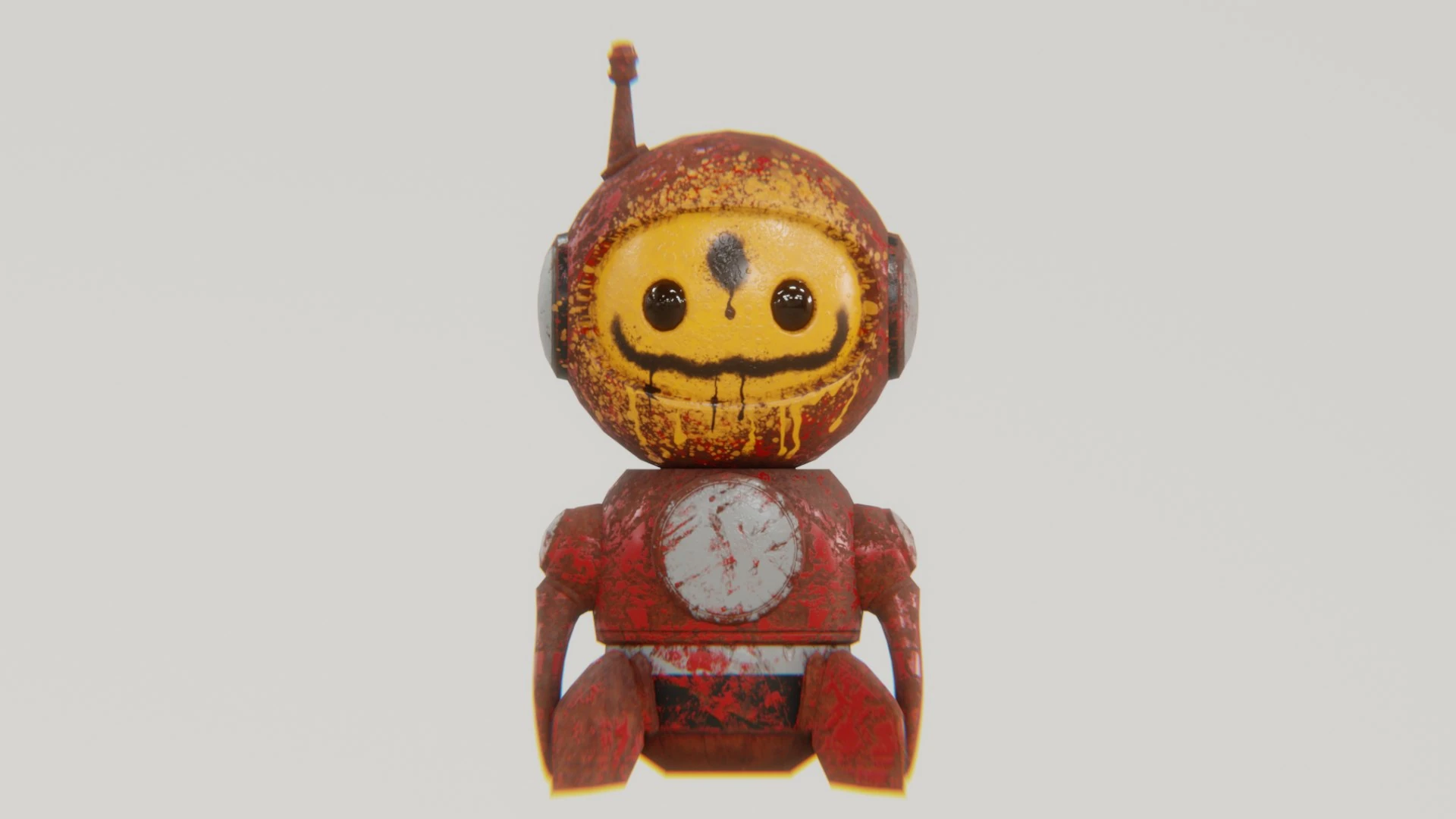 Front render of Retrobot Graffiti Version – urban 3D robot mascot with painted yellow face and red shell