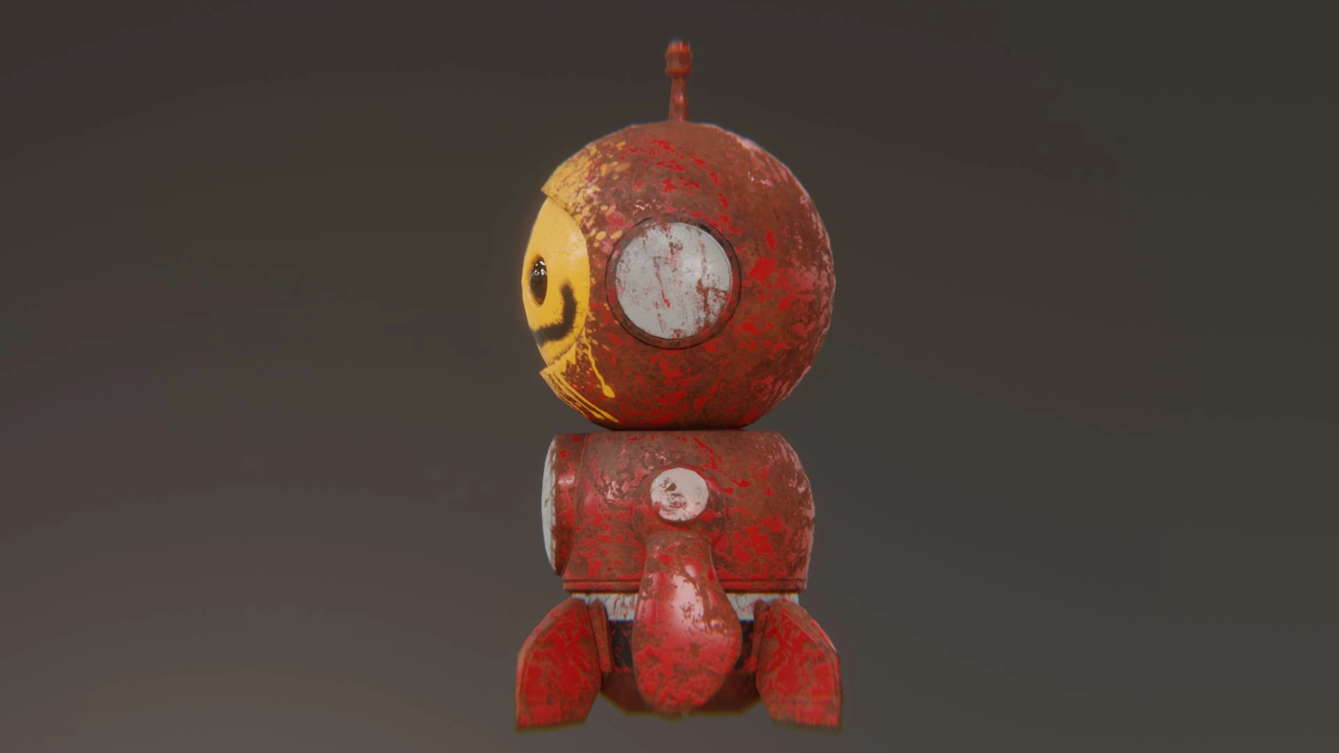 Side view of graffiti robot mascot showing worn paint and yellow face