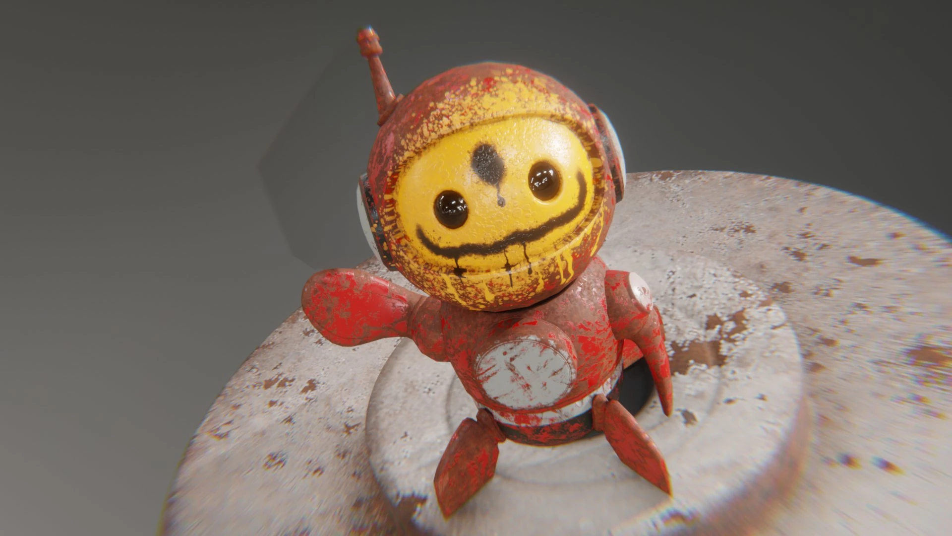 Urban graffiti 3D robot mascot posing in HDRI-lit warehouse