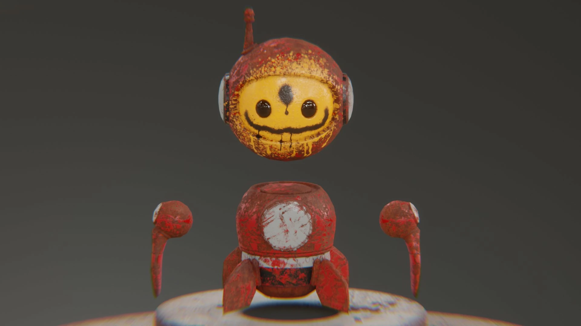 Flying graffiti robot mascot rendered in realistic lighting