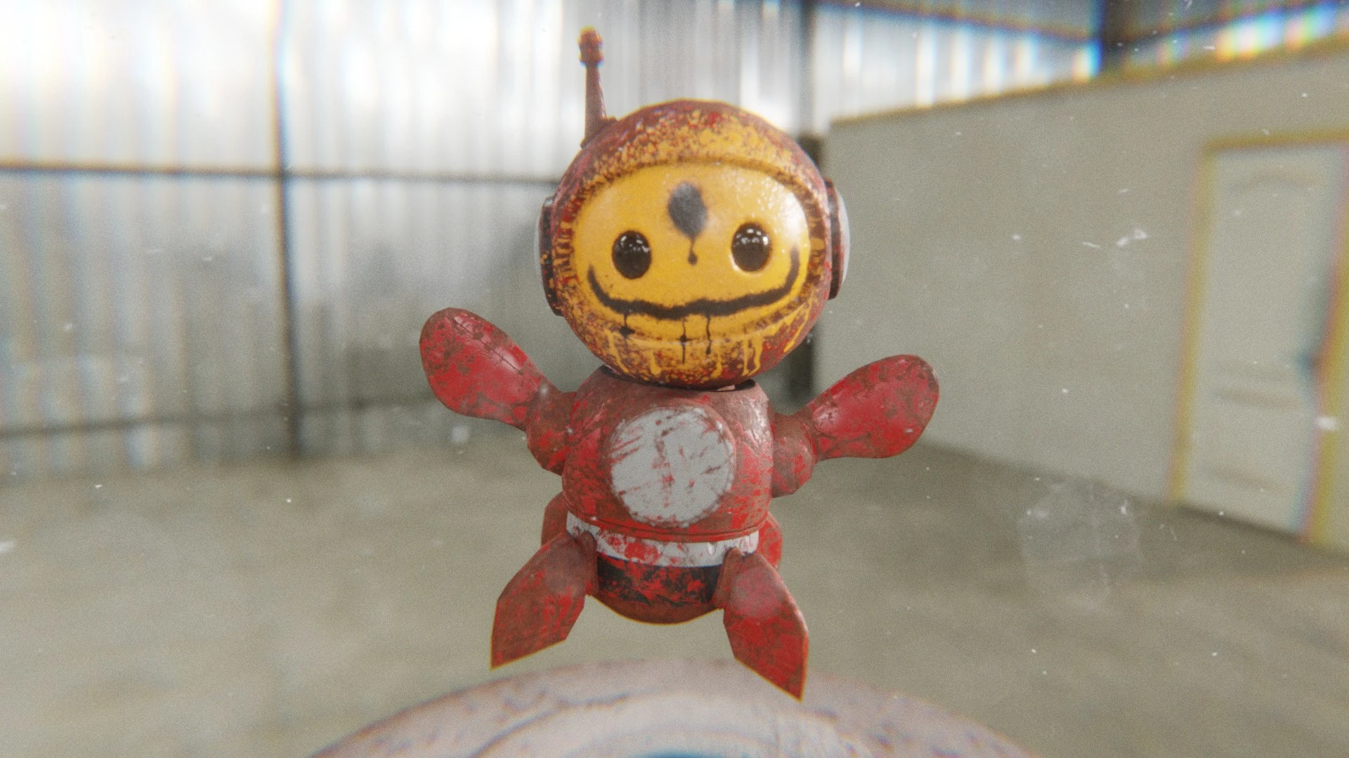 Graffiti style 3D robot mascot waving in an HDRI industrial scene