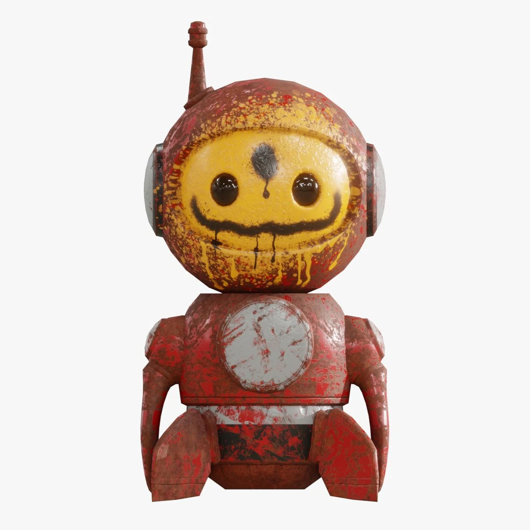 Front render of Retrobot Graffiti Version 3D mascot with red body and yellow painted face