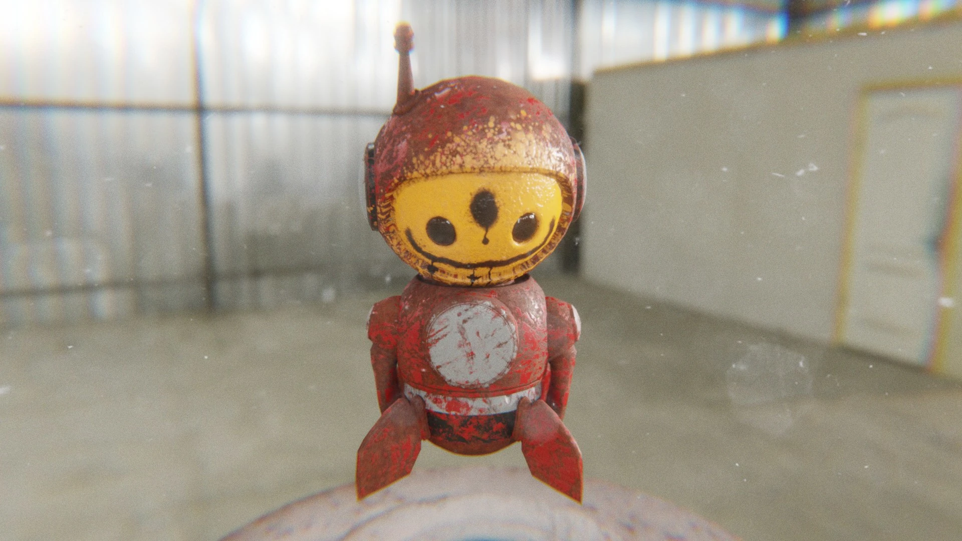Graffiti 3D robot mascot showing sad idle animation in realistic light