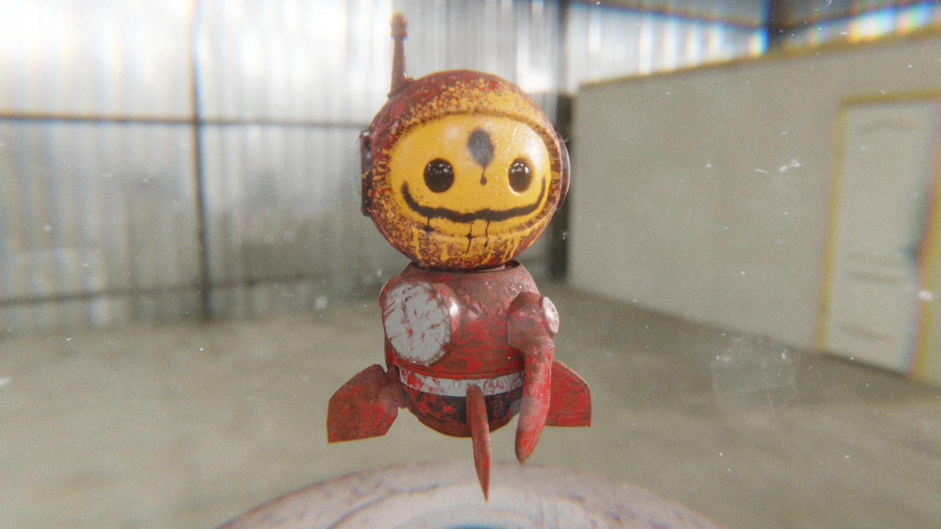 3D graffiti robot mascot spinning in HDRI environment with worn paint texture